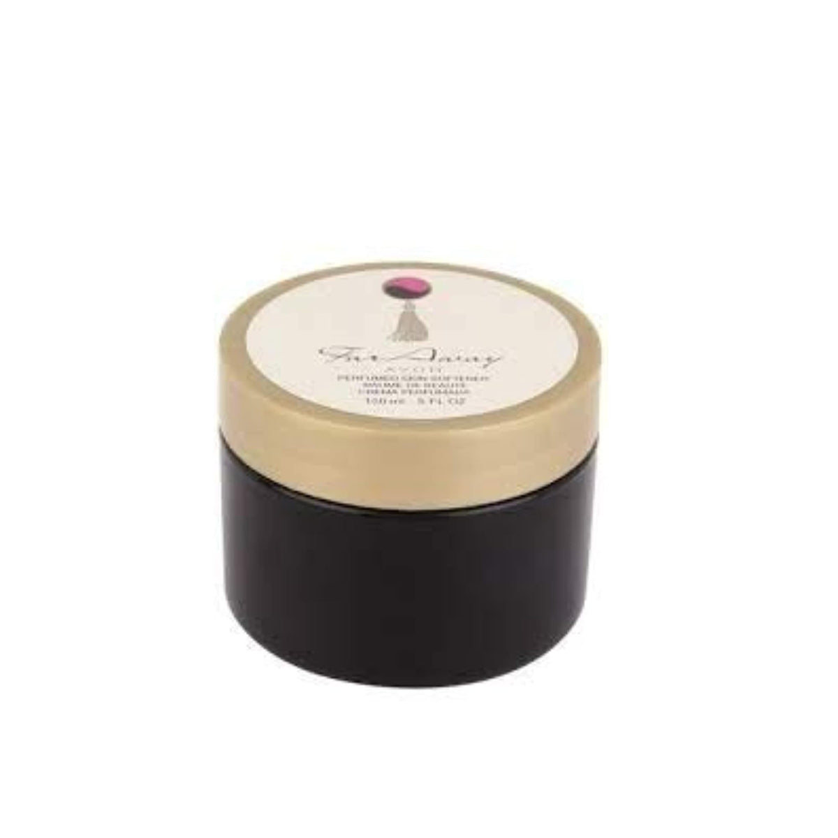 Avon Far Away Crème parfumée pour peau, mise en valeur par la bouteille élégante et nourrissante.