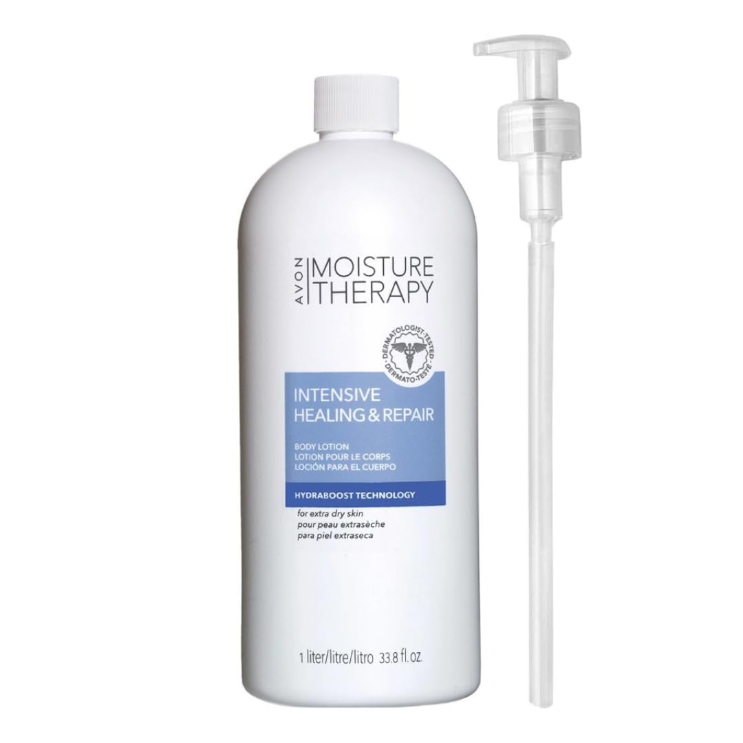 Lotion Avon Hydratation Intense Réparatrice avec pompe, hydratation longue durée pour peaux sensibles.