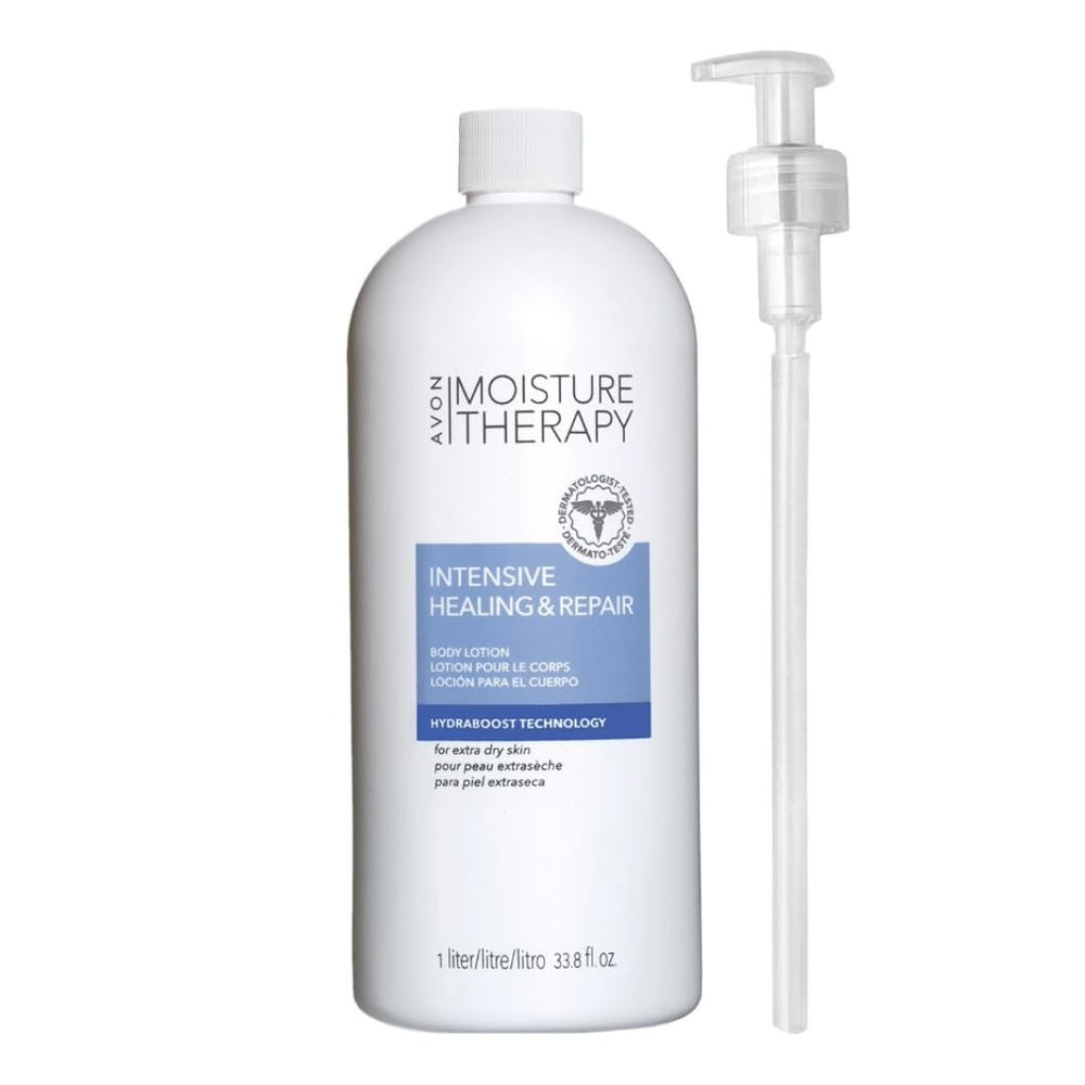 Lotion Avon Hydratation Intense Réparatrice avec pompe, hydratation longue durée pour peaux sensibles.