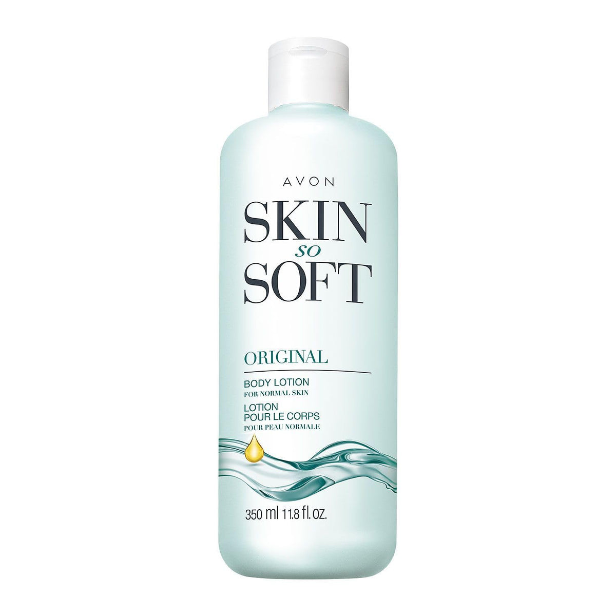 Avon Skin So Soft Original bottle close-up highlighting hydration for soft skin.