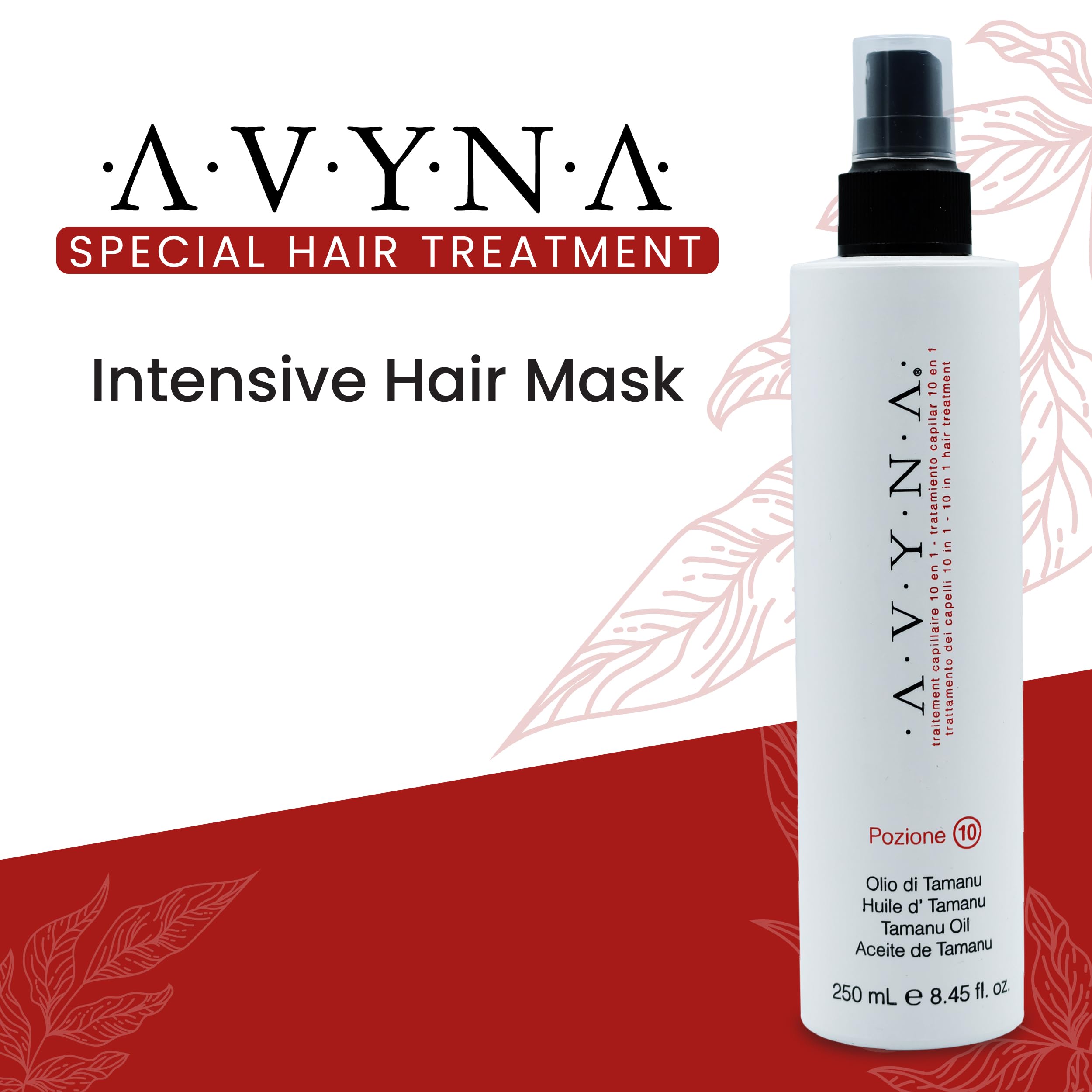 Avyna Pozione 10, spray sans rinçage, nutrition intense pour cheveux soyeux.