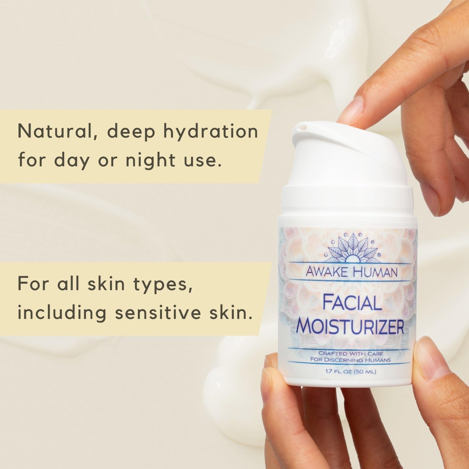 Awake Human crème visage avec extrait de thé vert, soin apaisant et protecteur.