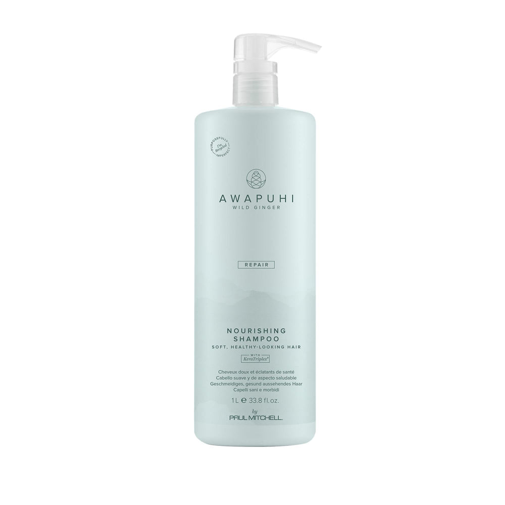Shampoing Awapuhi Wild Ginger dans sa bouteille, nettoyage doux et protection de la couleur.