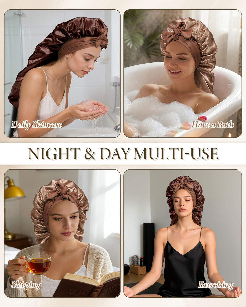AWAYTR bonnet long satin confort peau et maintien sûr des cheveux