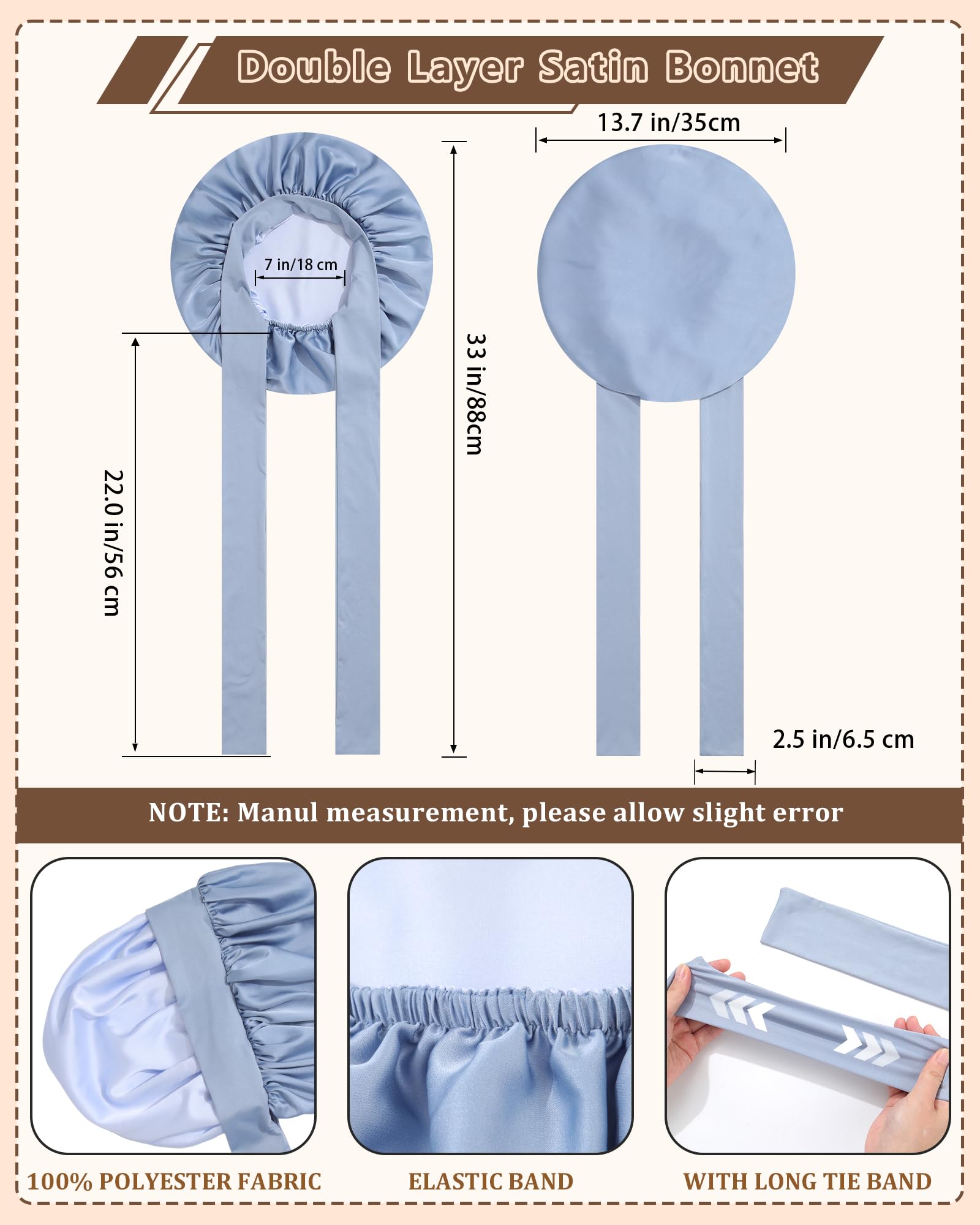 AWAYTR bonnet satin pour cheveux bouclés avec liens longs, protège les boucles.