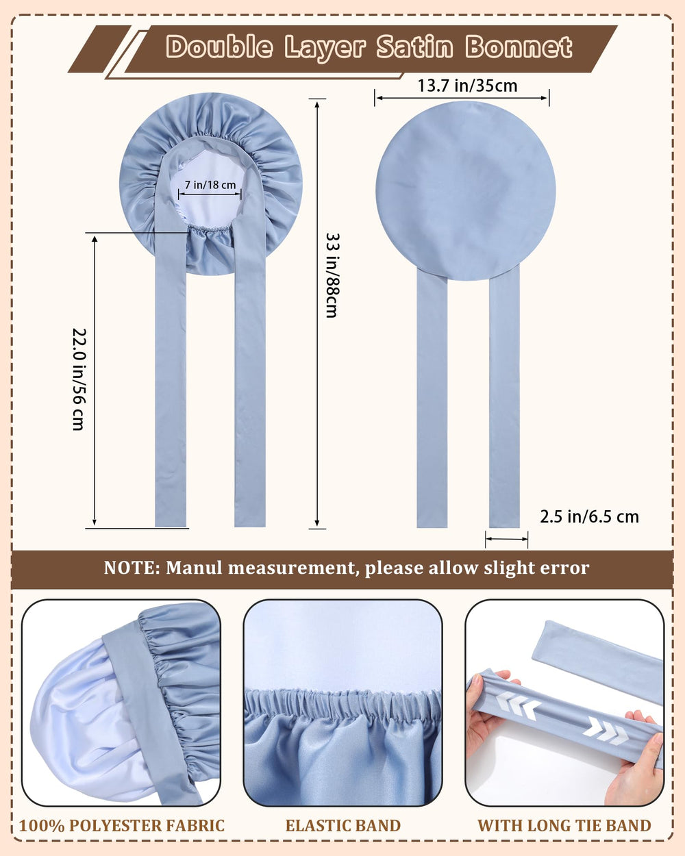 AWAYTR bonnet satin pour cheveux bouclés avec liens longs, protège les boucles.