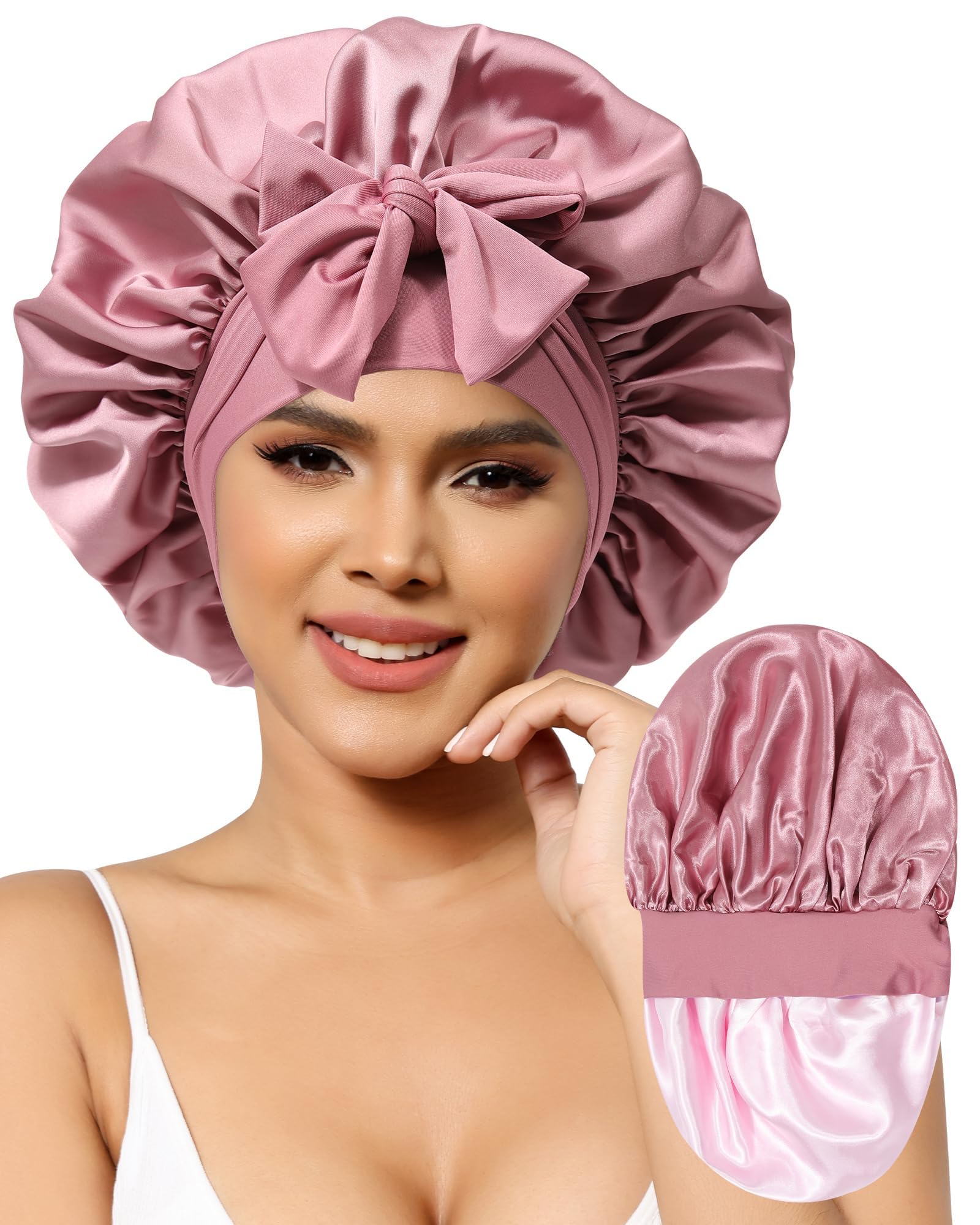 AWAYTR bonnet satin réversible pour dormir protège les boucles