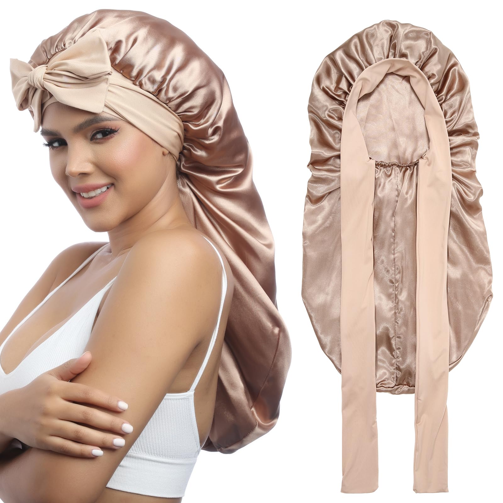 AWAYTR bonnet satin double couche sur la tete, protege les cheveux des frottements nocturnes.