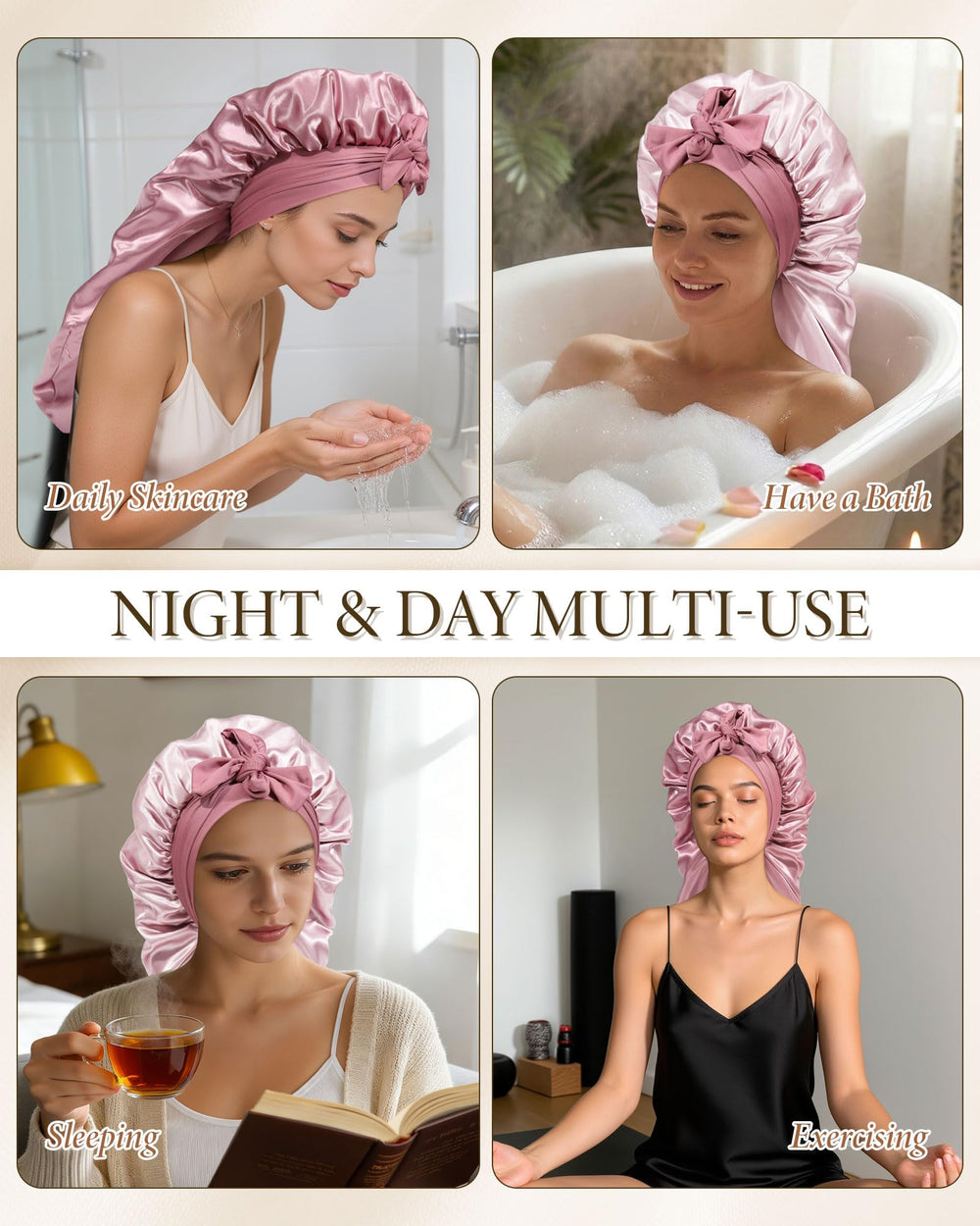 Bonnet AWAYTR satin long avec bandes elastiques pour ajustement sûr.