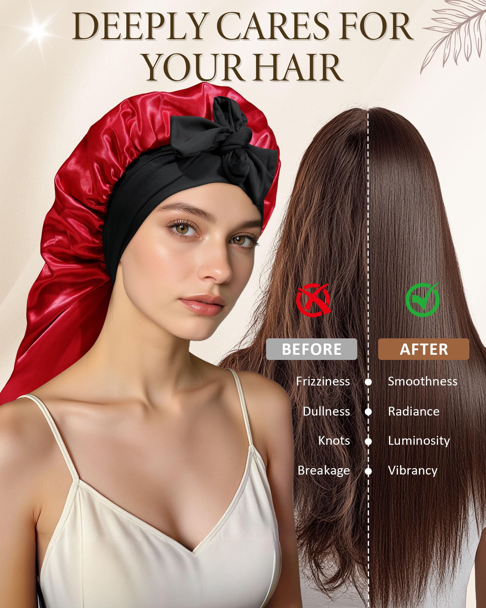AWAYTR bonnet satin long, vue cheveux-longs, évite les nœuds nocturnes.