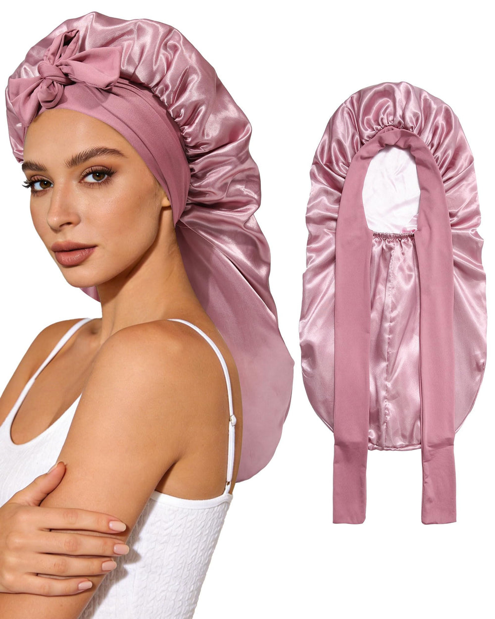 Bonnet AWAYTR satin long double couche rose-or, douceur et protection nocturne.