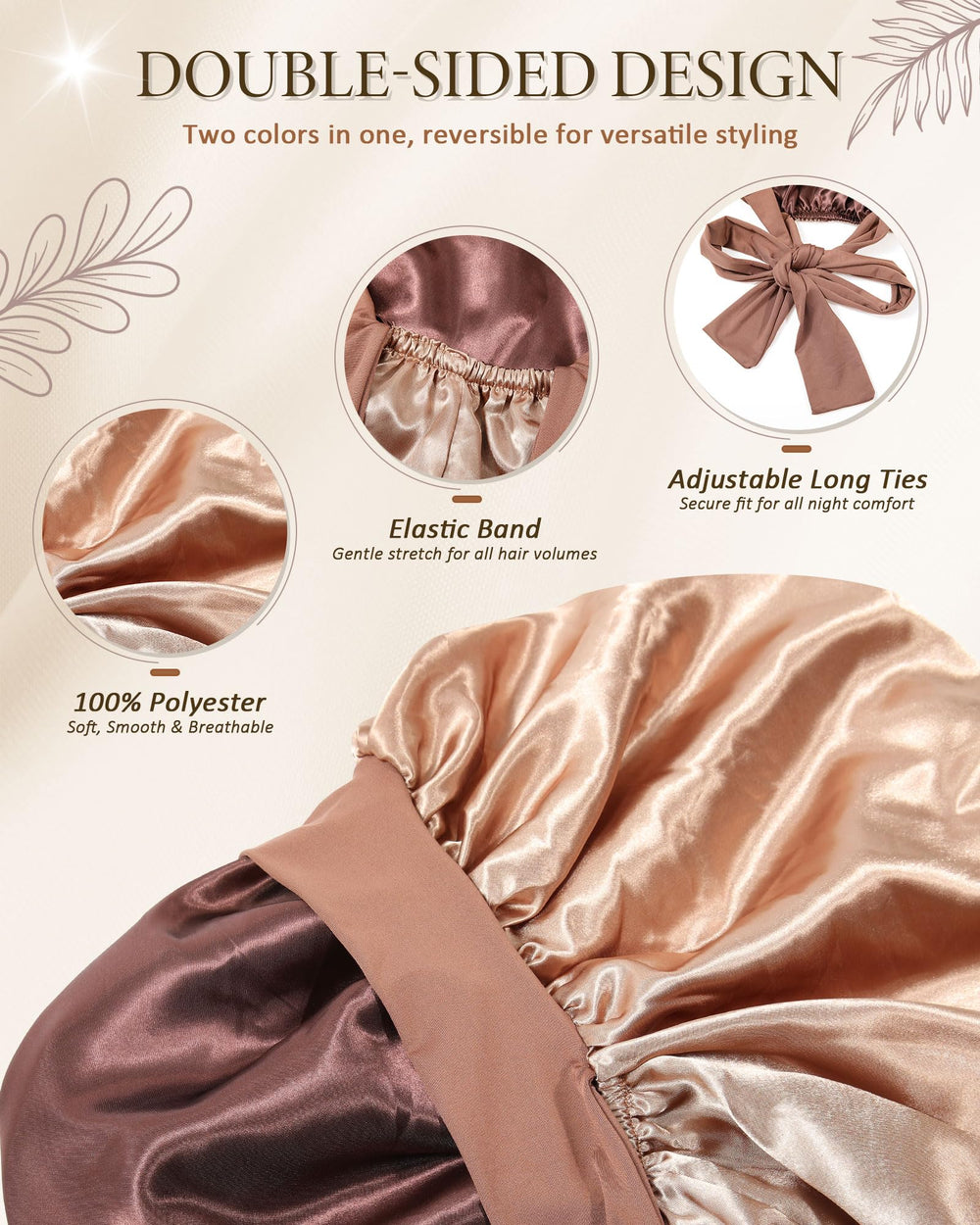 AWAYTR bonnet satin long double couche avec bande élastique pour cheveux longs