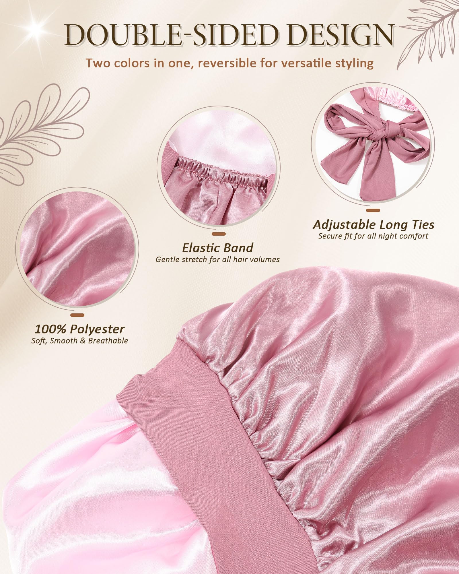 Bonnet AWAYTR satin long réversible rose-or pour deux styles.