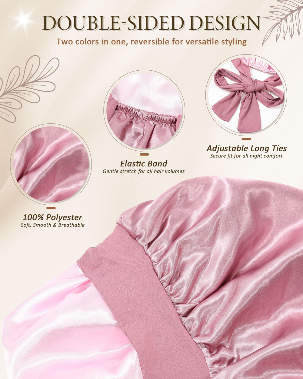 Bonnet AWAYTR satin long réversible rose-or pour deux styles.