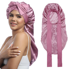 AWAYTR bonnet satin long rose doré capuchon nuit protège les cheveux pendant le sommeil.