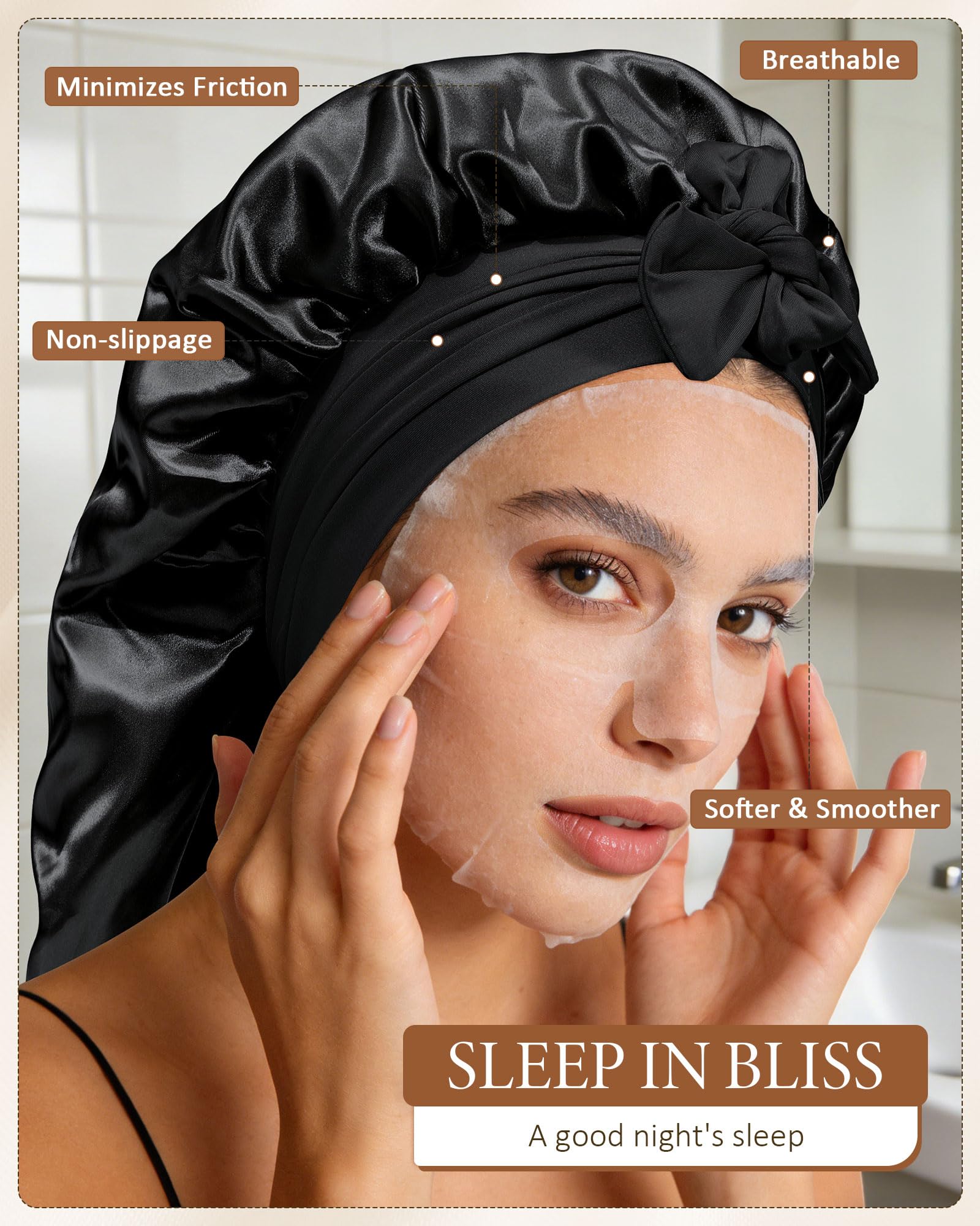 AWAYTR bonnet satin long, vue soin, pratique pour le soin de la peau et le maquillage.