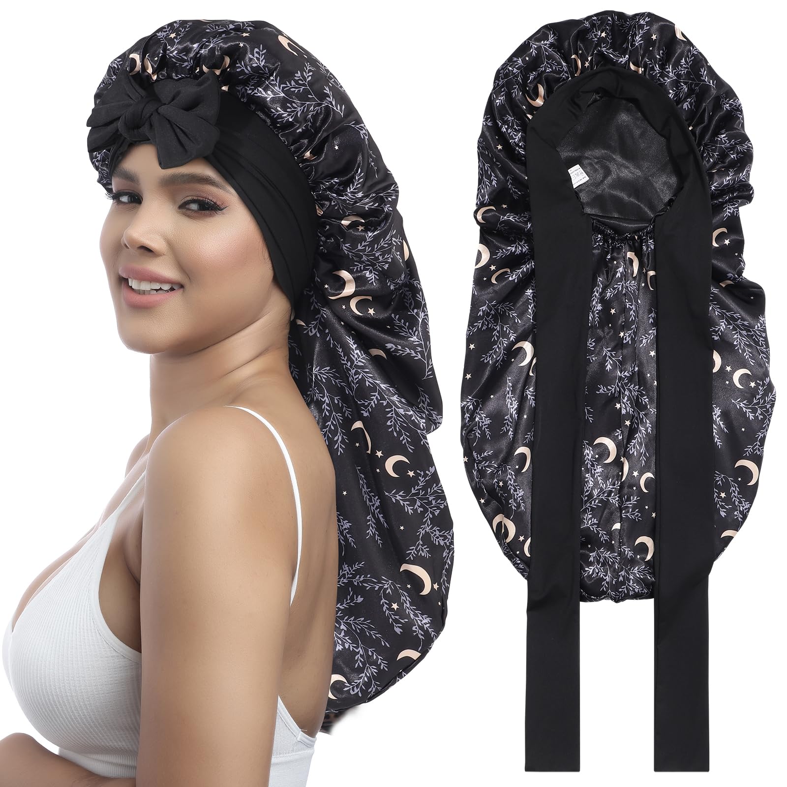 AWAYTR bonnet satin longue double couche pour femmes, douceur nocturne et protection capillaire.