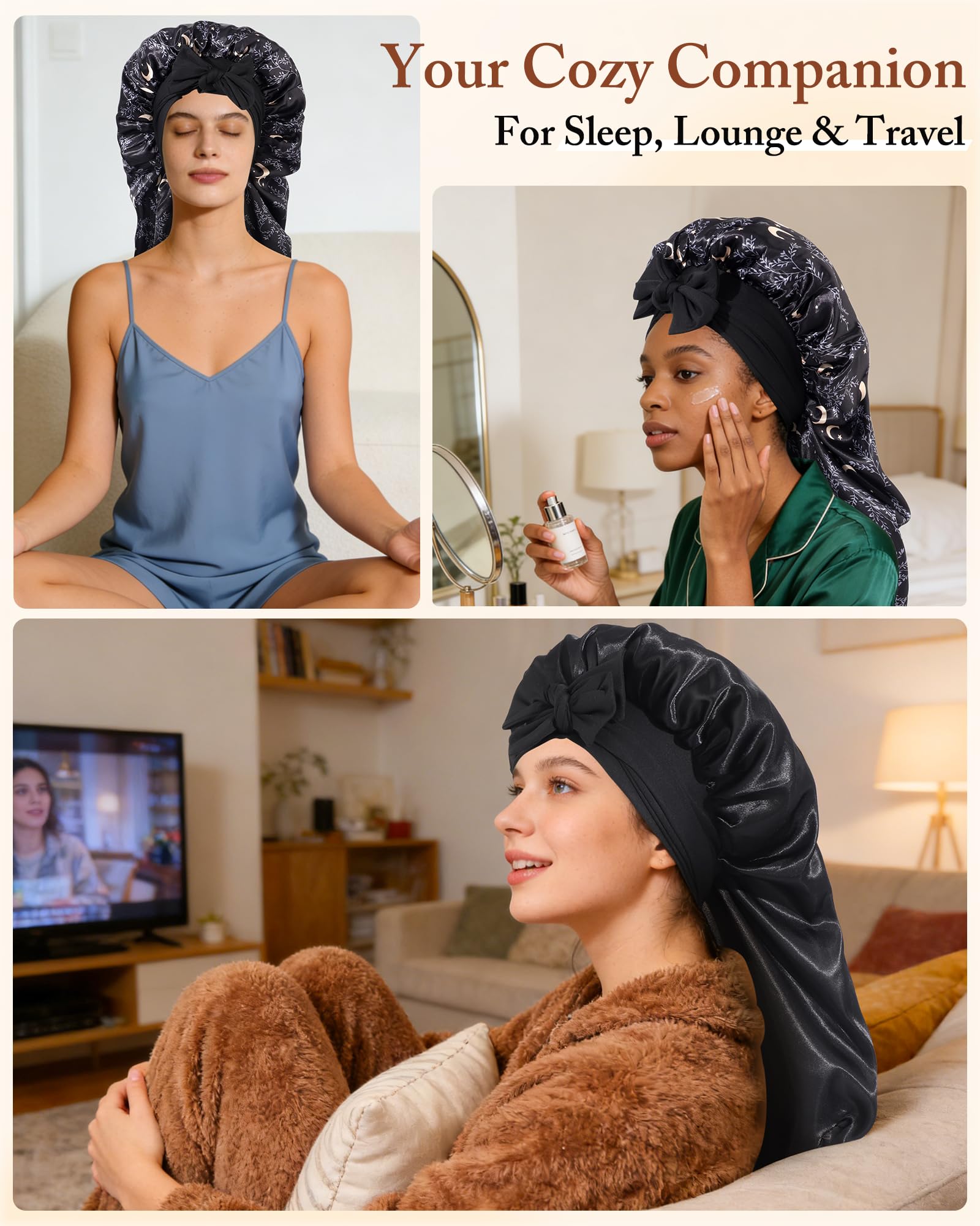 AWAYTR bonnet satin protège l'hydratation, réduction des frisottis et des nœuds.