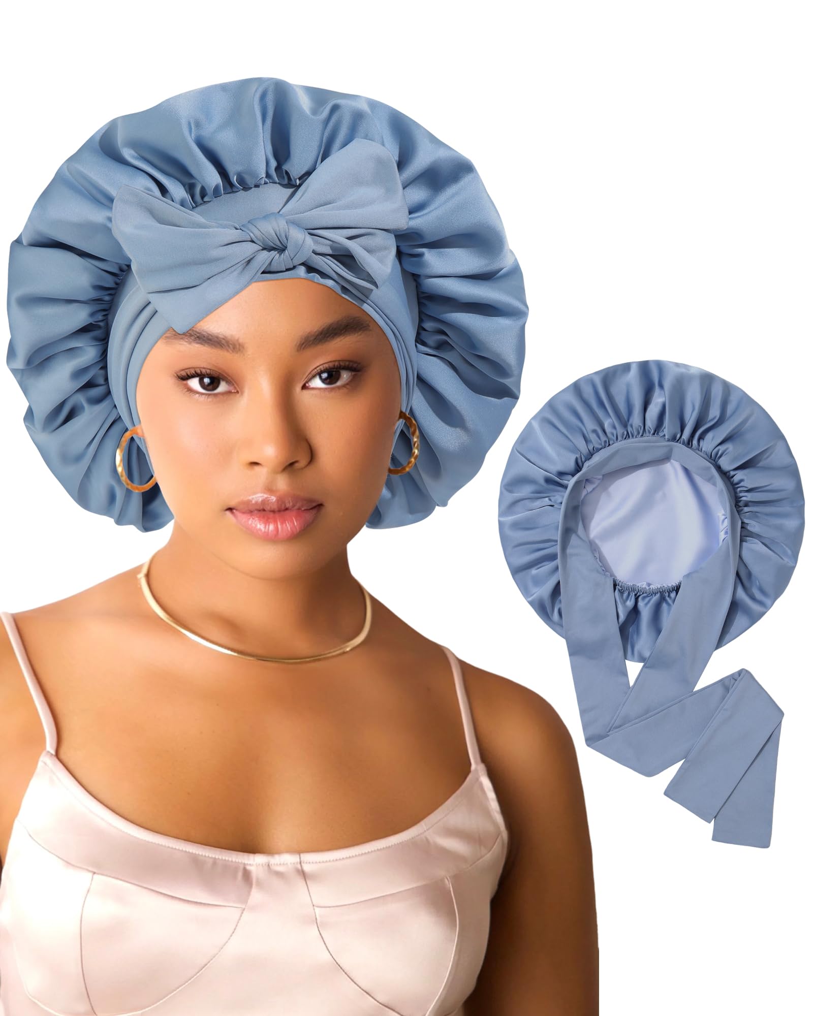 AWAYTR chapeau satin dormir double couche bleu clair, protège les cheveux la nuit.