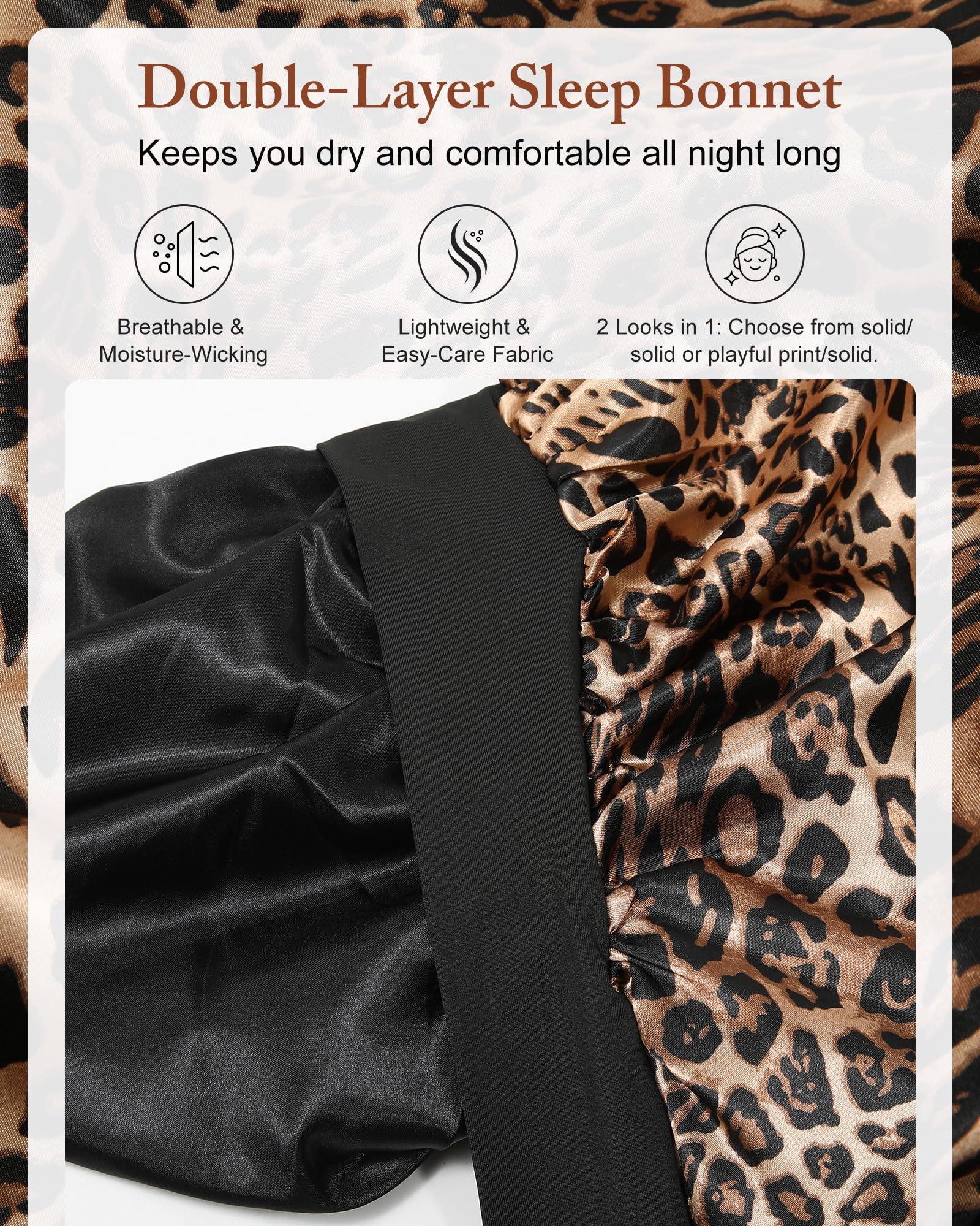 AWAYTR bonnet satin long motif leopard, idéal pour cheveux bouclés et tresses.