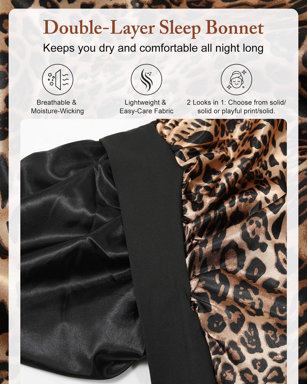 AWAYTR bonnet satin long motif leopard, idéal pour cheveux bouclés et tresses.