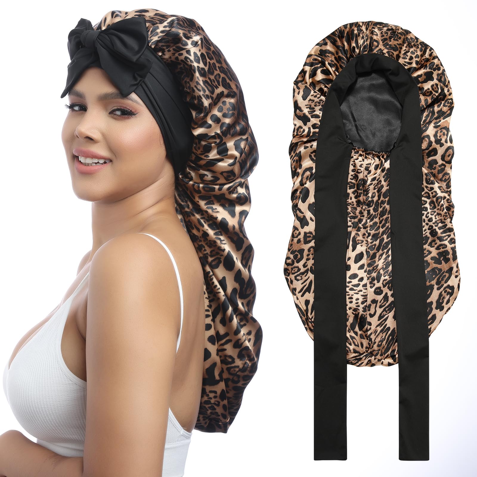 AWAYTR bonnet satin long pour cheveux longs, réduit les frottements nocturnes et protège les boucles.