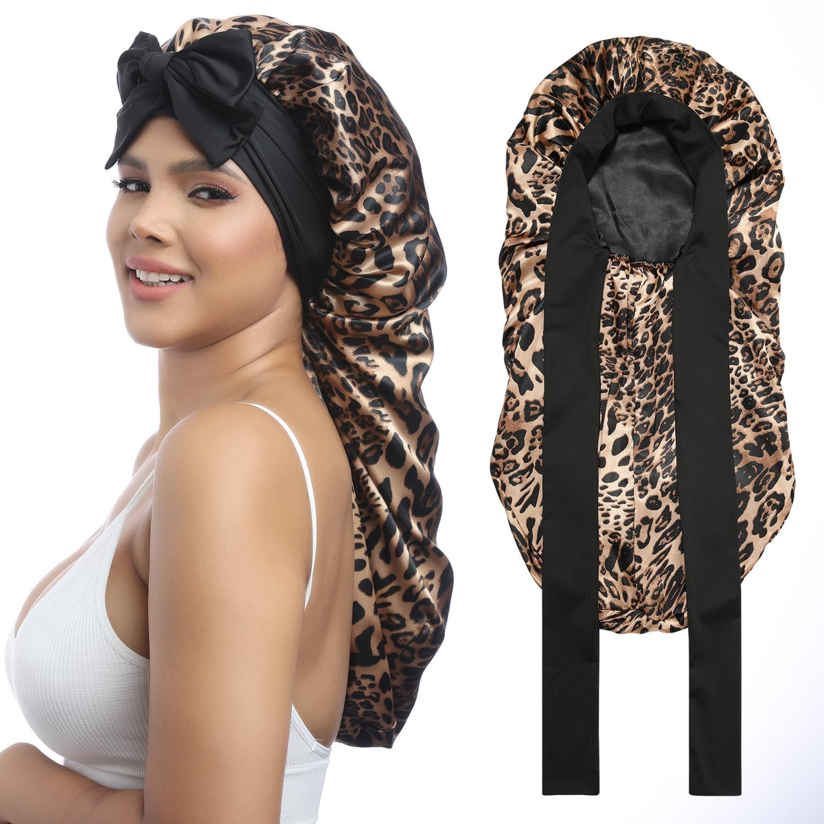 AWAYTR bonnet satin long pour cheveux longs, réduit les frottements nocturnes et protège les boucles.