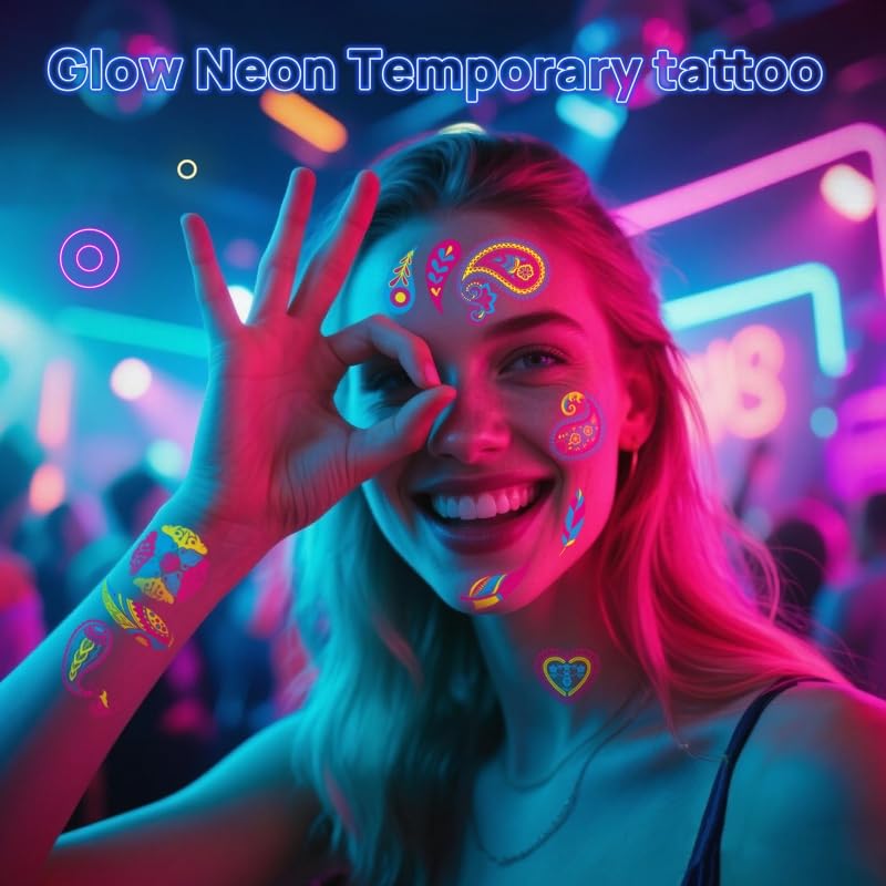 Tatouages AWINMAY néon UV qui brillent sous lumière noire pour un effet spectaculaire.