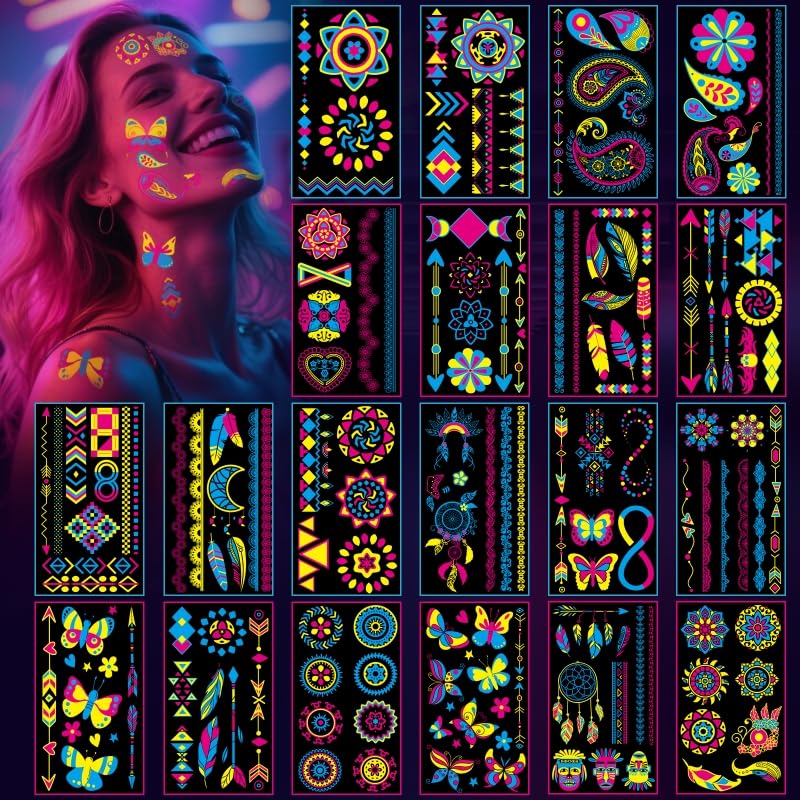 Tatouages AWINMAY néon UV brillants sur verre et objets décoratifs.