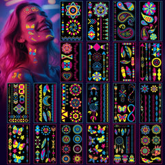 Tatouages AWINMAY néon UV brillants sur verre et objets décoratifs.