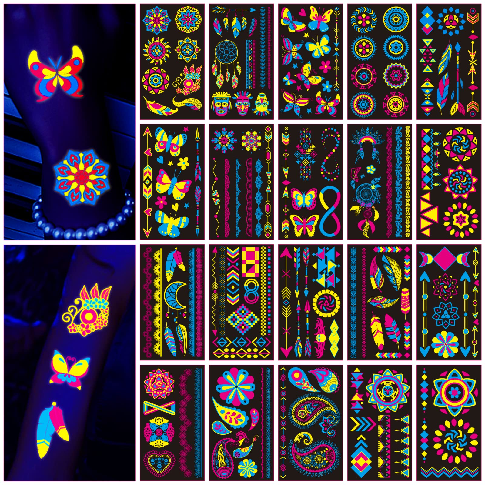 Tatouages AWINMAY néon UV lumineux sur le corps, parfait pour les fêtes.