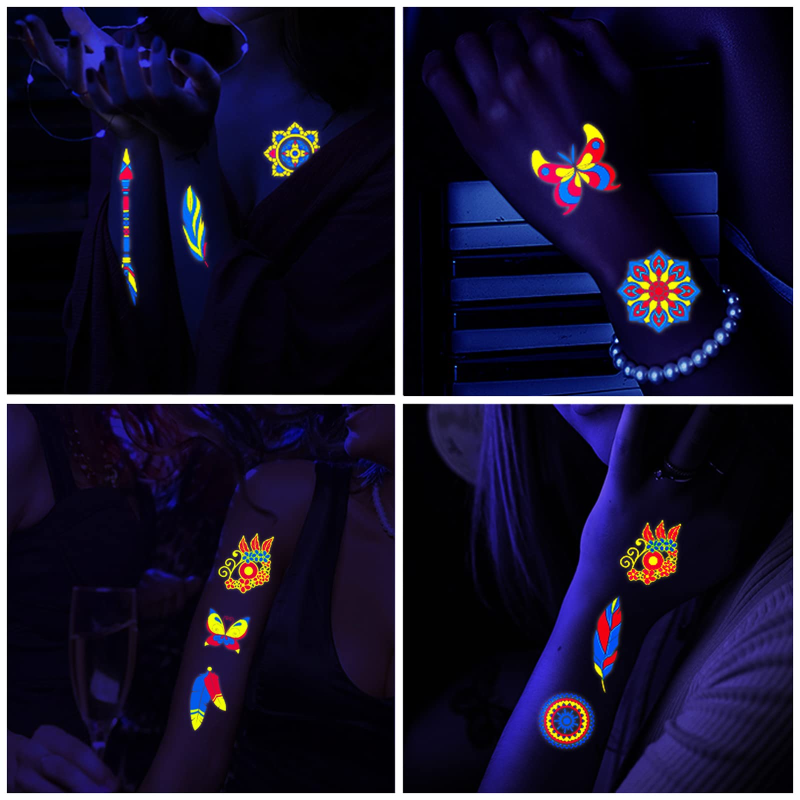 Tatouages AWINMAY néon UV utilisables par enfants et adultes pour divers événements.