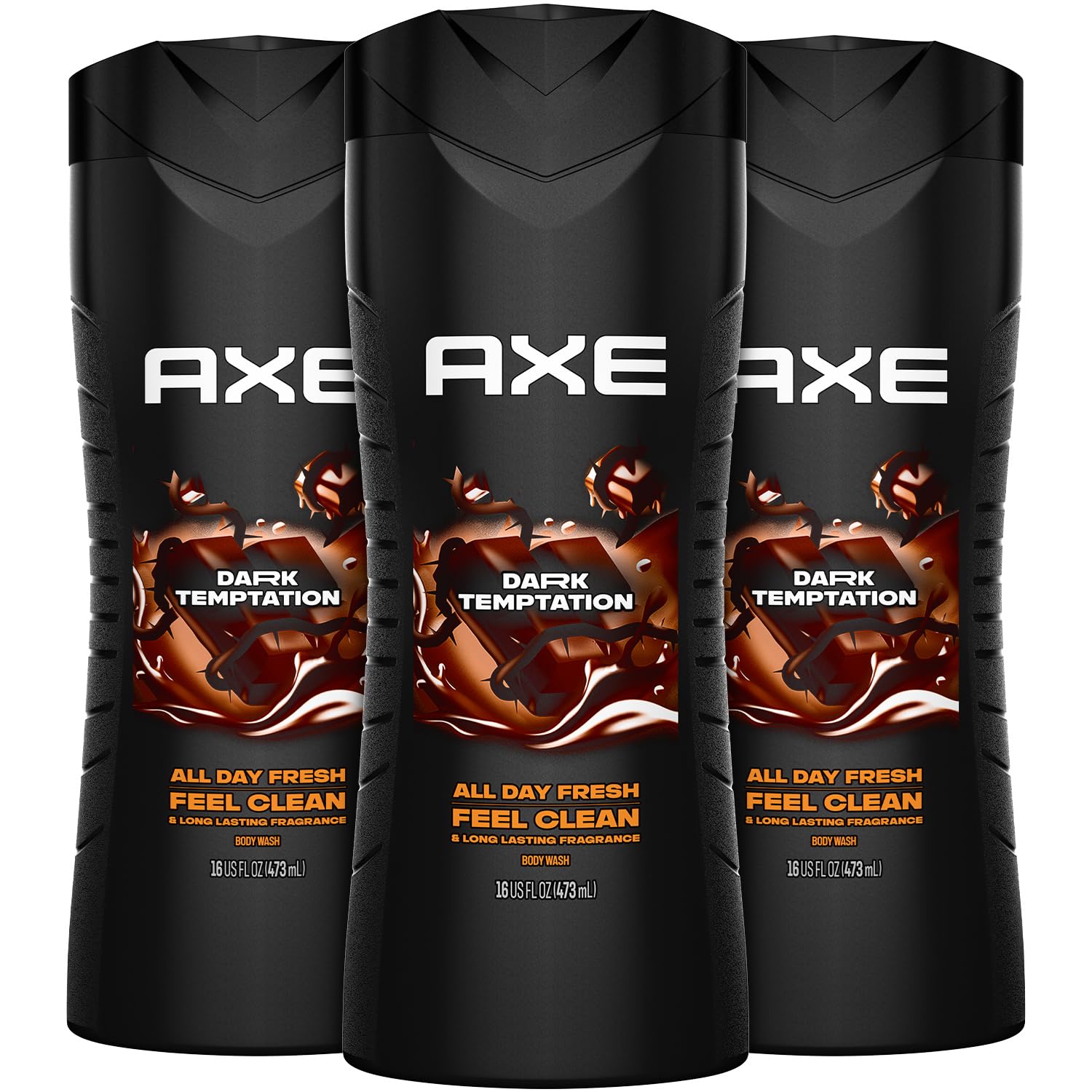 Bouteille AXE Dark Temptation avec mousse crémeuse pour une douche rafraîchissante.