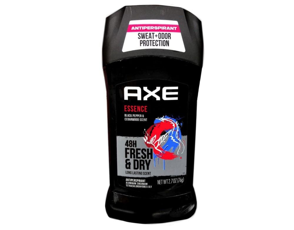 Axe Essence Dry parfum bois de cedre et poivre noir pour une sensation fraîche durable.