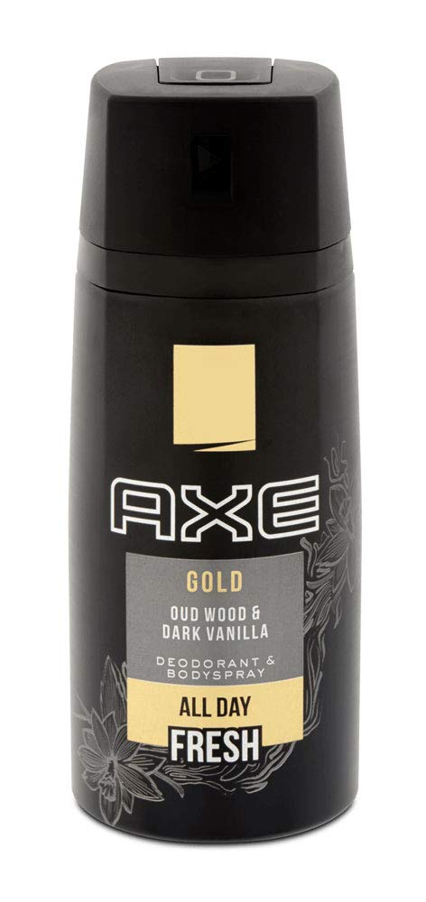 Diffuseur AXE Gold Oud Wood et Vanille Fraîche, aérosol pratique pour une fraîcheur longue durée.