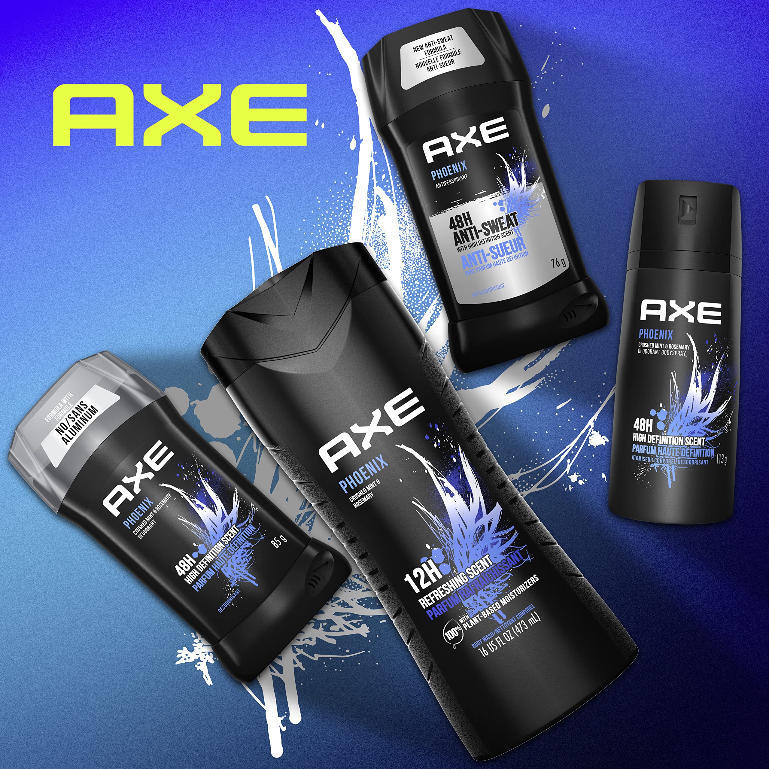 Pack de quatre déodorants AXE Phoenix, pratique pour la maison et le voyage.