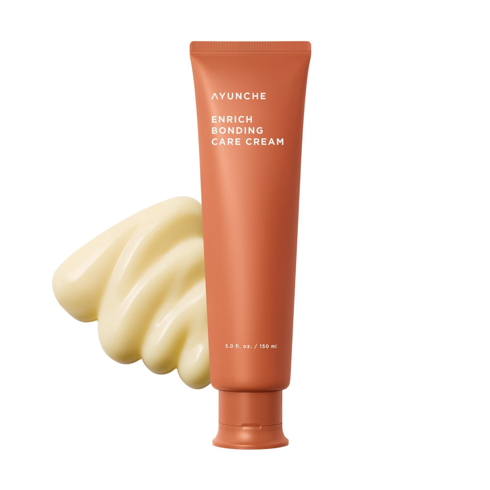 AYUNCHE Enrich Bonding Leave-In Cream sur la bouteille, protection thermique jusqu'à 392°F.