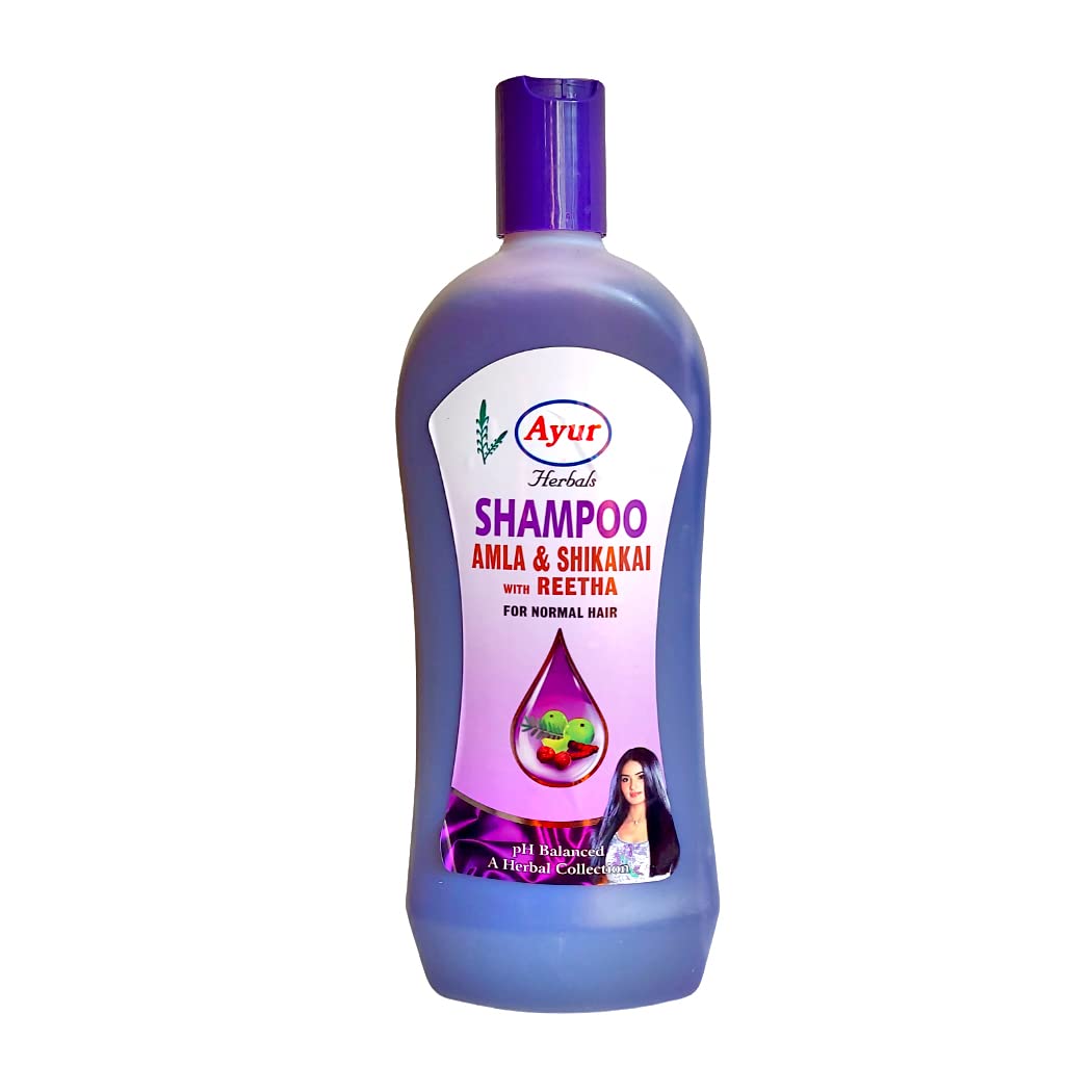 Ayur shampoo Amla-Shikkai-Reetha, ingrédients naturels pour cheveux forts et brillants.