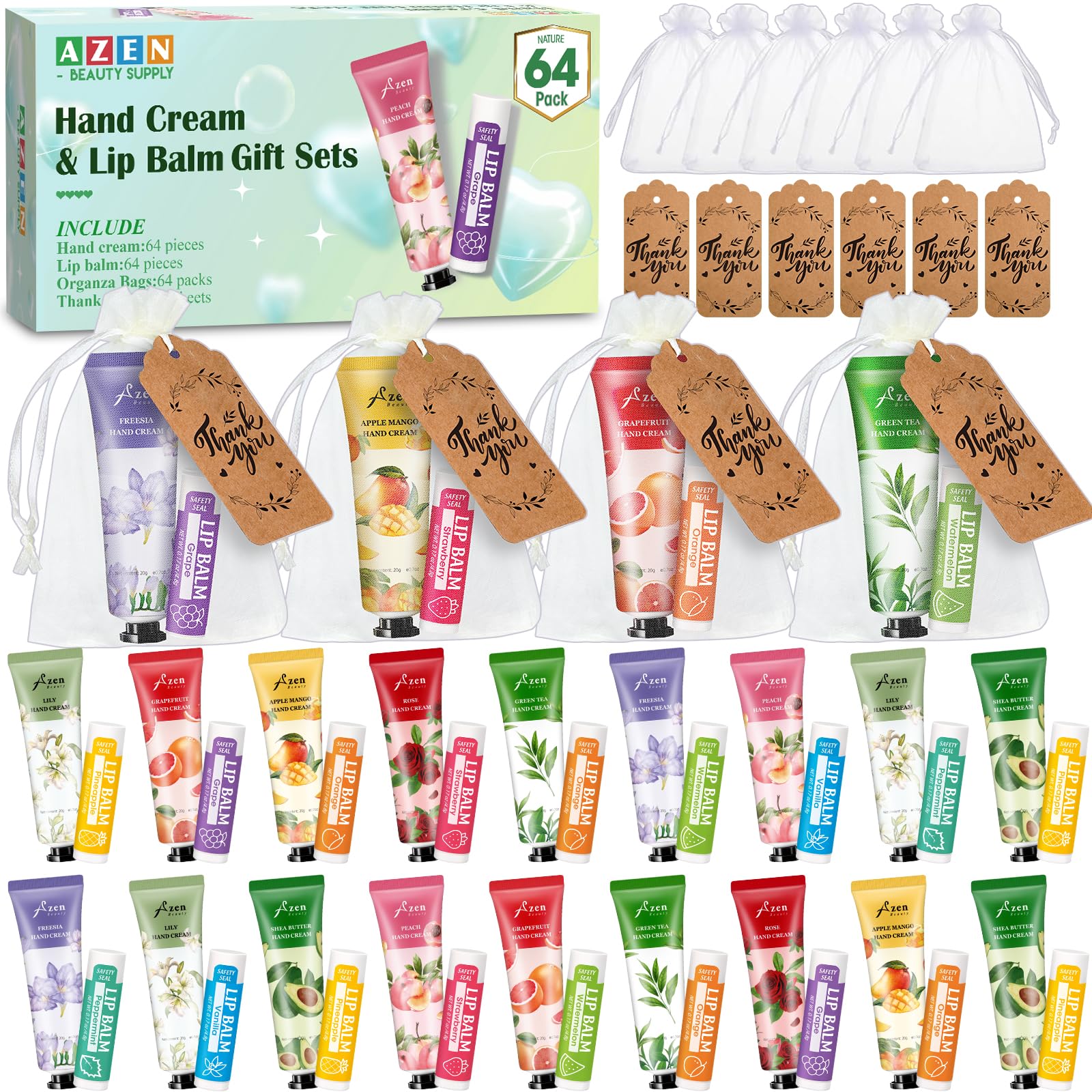 AZEN 64 crèmes mains et baumes lèvres, packaging élégant pour invités