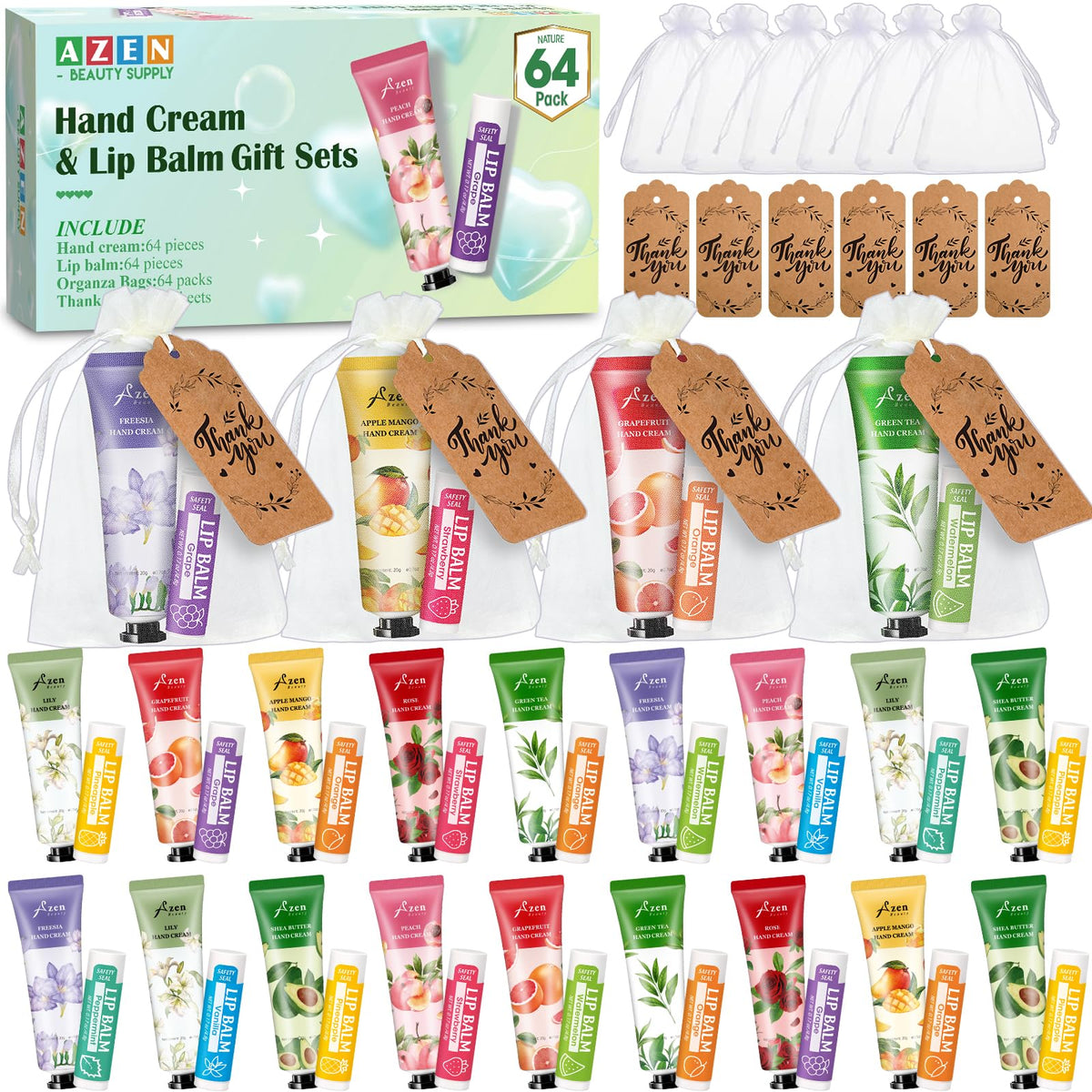 AZEN 64 crèmes mains et baumes lèvres, packaging élégant pour invités