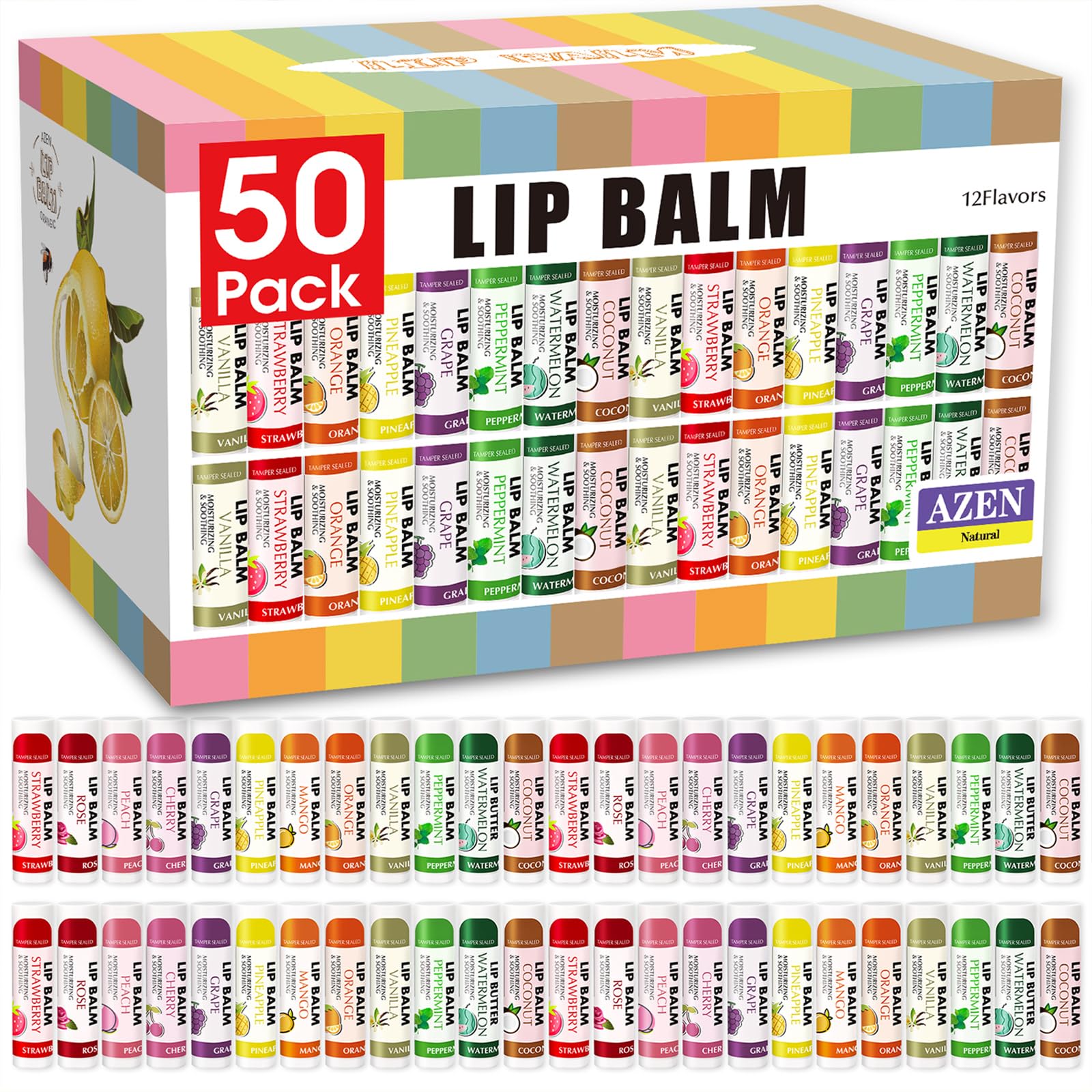 AZEN baume lèvres coffret 50-pack, hydratation durable et sensations fruitées.