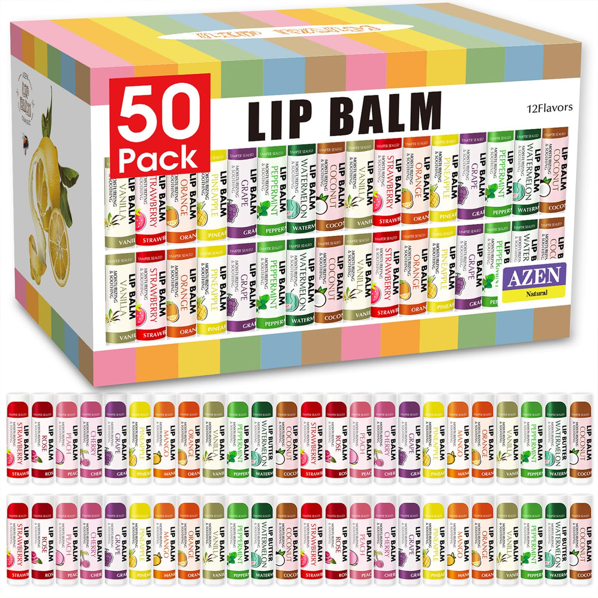 AZEN baume lèvres coffret 50-pack, hydratation durable et sensations fruitées.
