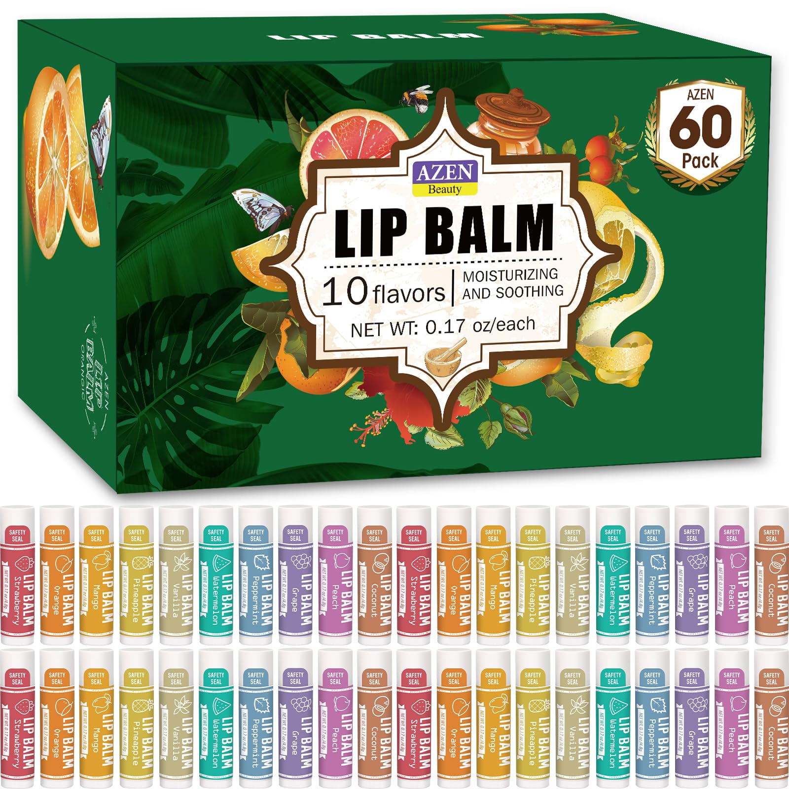 AZEN Baume à Lèvres — ensemble 60 sticks, hydratation durable et pratique.