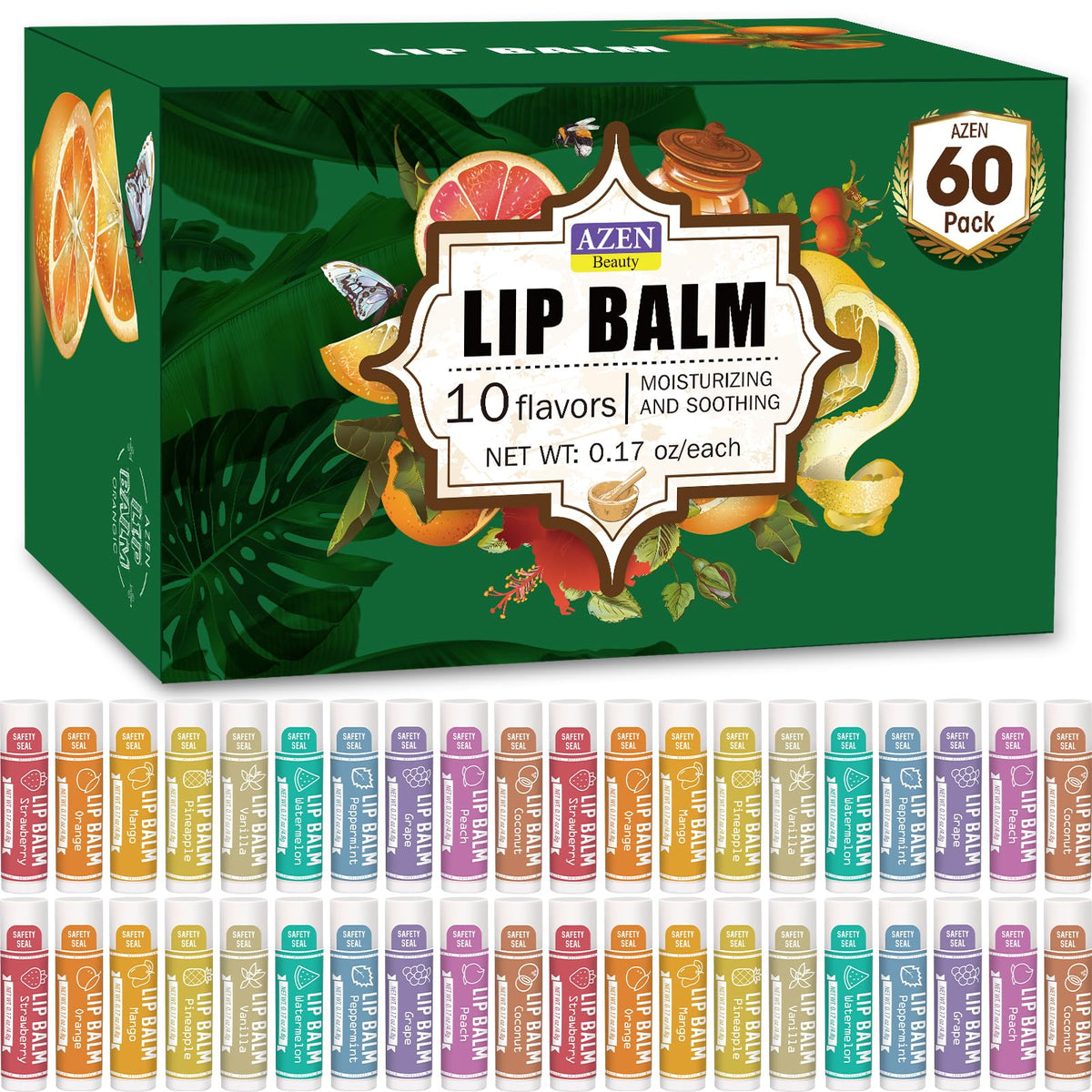 AZEN Baume à Lèvres — ensemble 60 sticks, hydratation durable et pratique.
