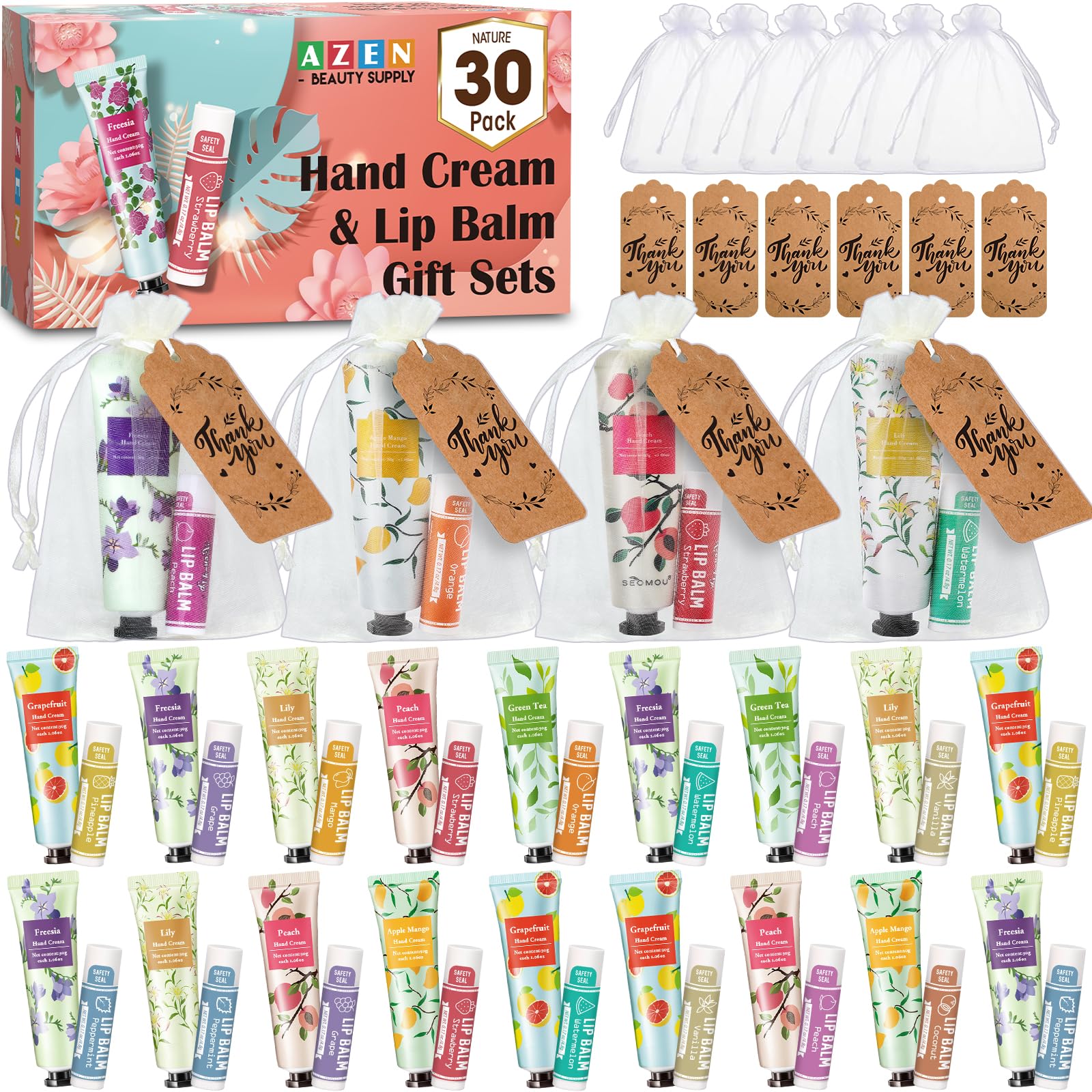AZEN ensemble crèmes mains et baumes lèvres avec organza, cadeau élégant pour invités