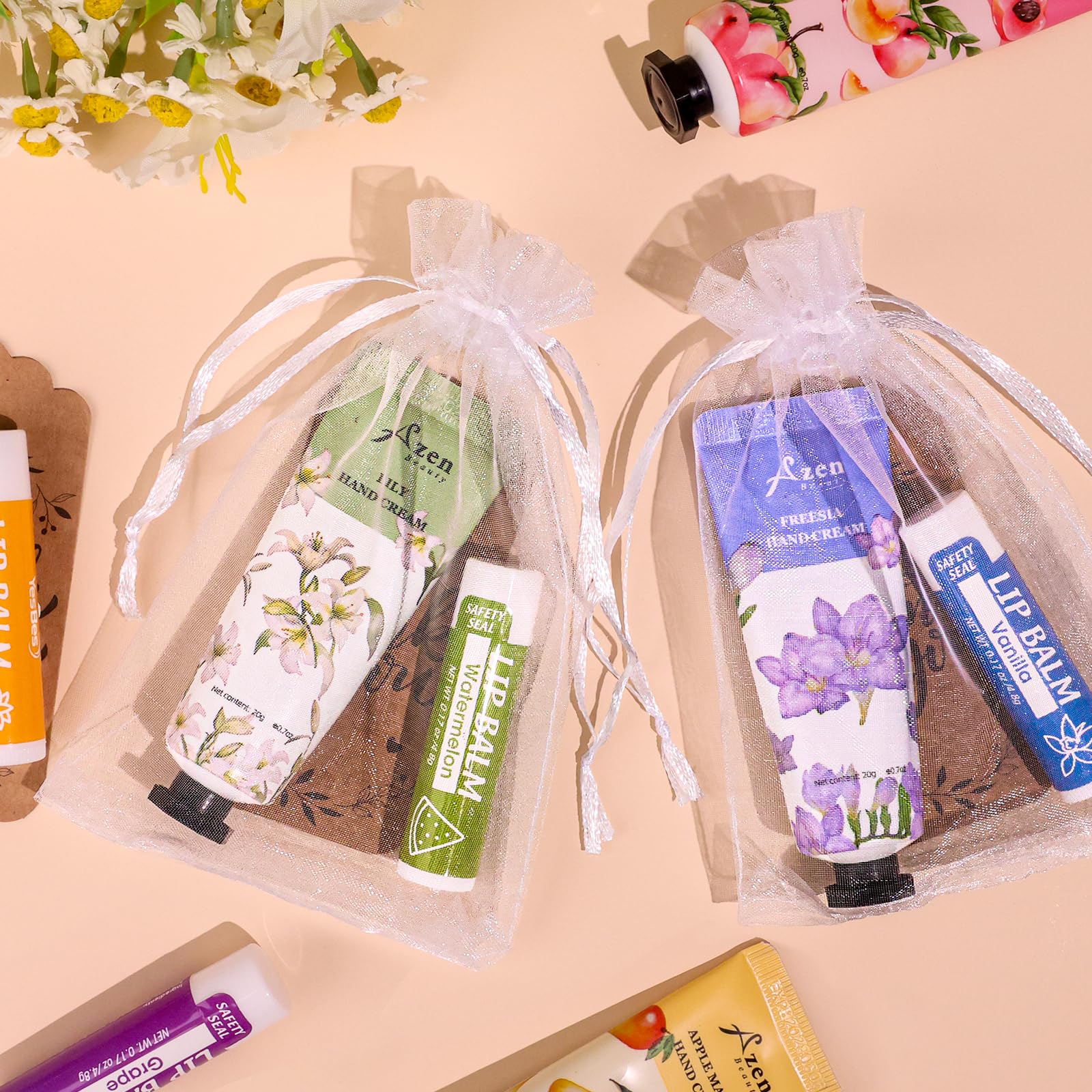 AZEN packaging organza et étiquettes, présentation soignée pour invités