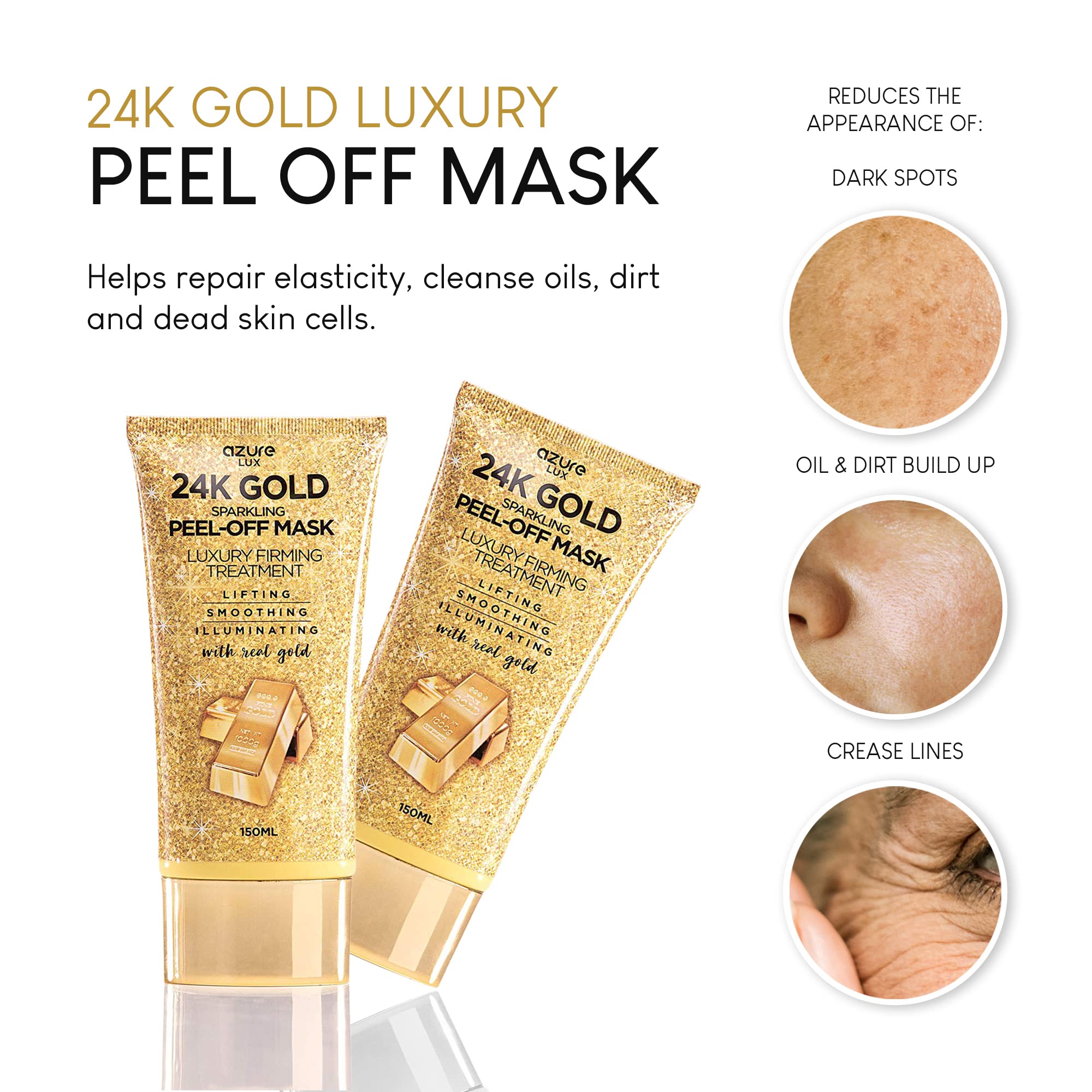 Masque doré pelable Azure 24K Or révélant un teint lumineux après retrait.