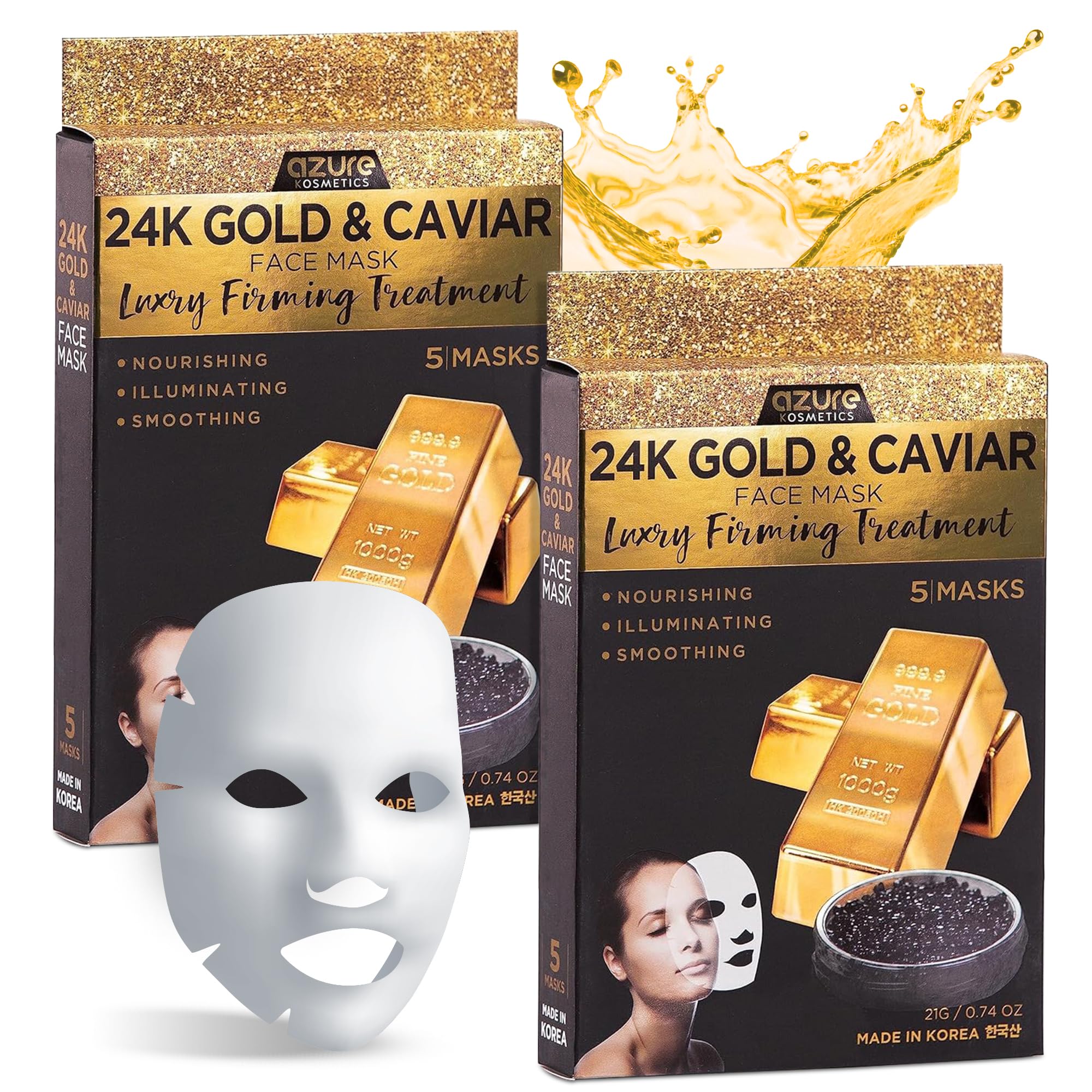 Azure Cosmetics 24K gold and caviar mask packaging emphasizes luxury skincare.