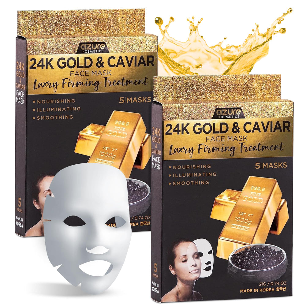 Azure Cosmetics 24K gold and caviar mask packaging emphasizes luxury skincare.