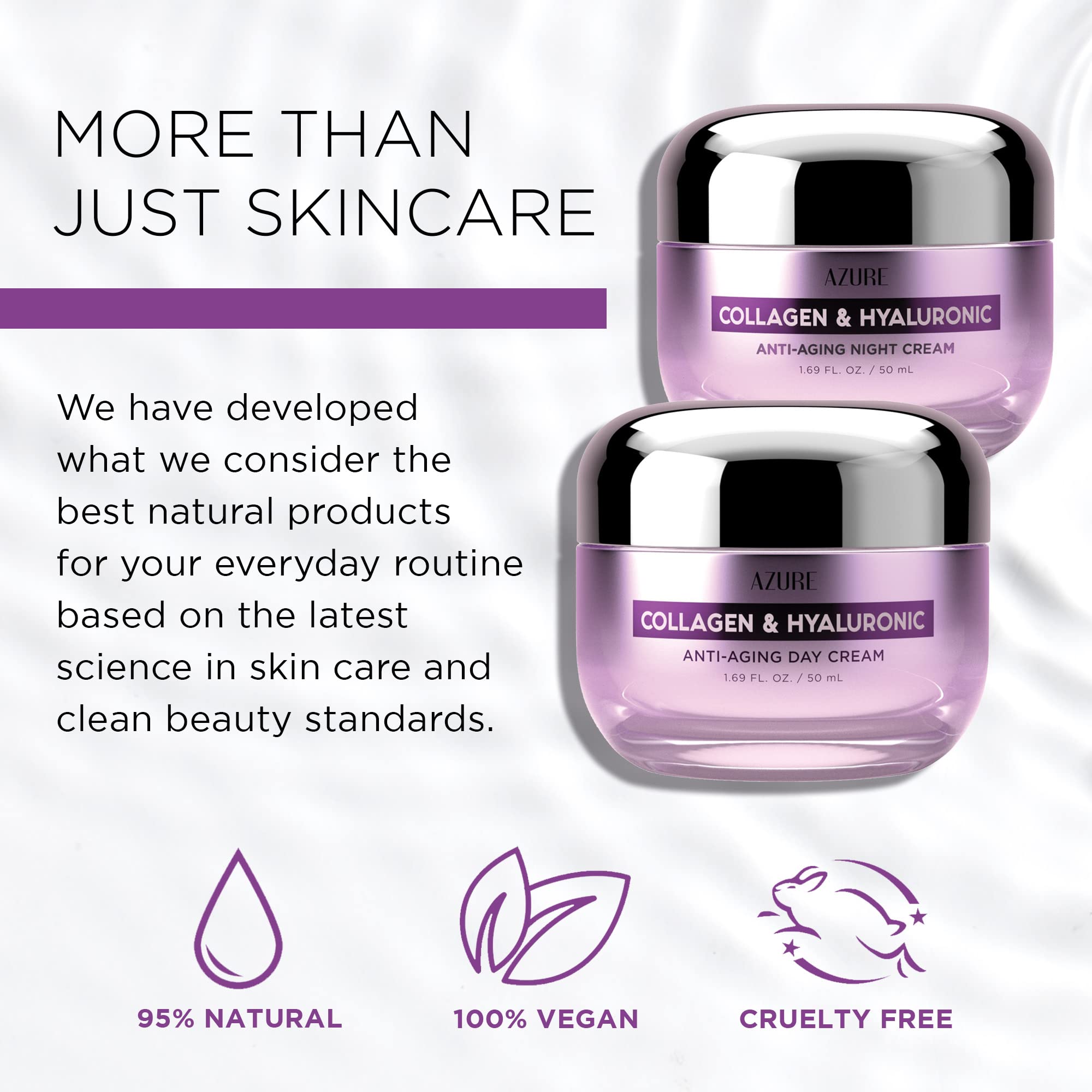 Azure Cosmetics – ingrédients clés: collagène et acide hyaluronique pour l'hydratation.